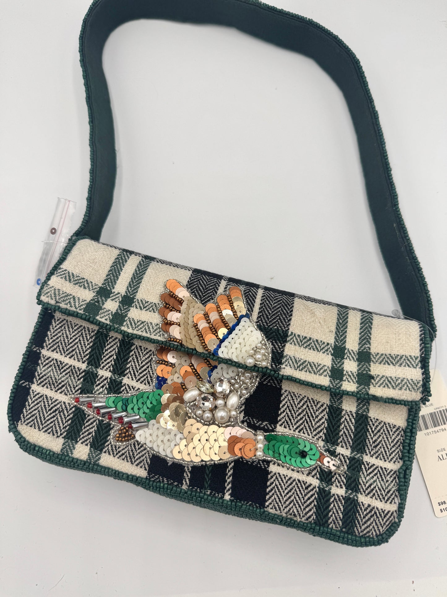 Anthropologie Green Plaid Flannel Fiona Beaded Bag Animal Edition Duck Purse
