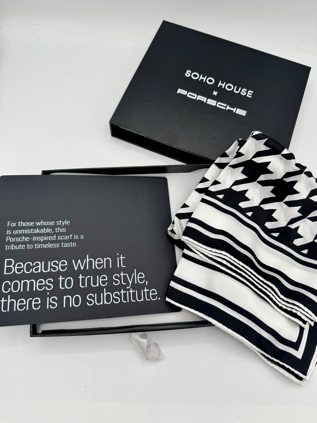 Porsche x Soho House Satin Pepita Black / White Houndstooth Heritage Pasha Scarf Bandana