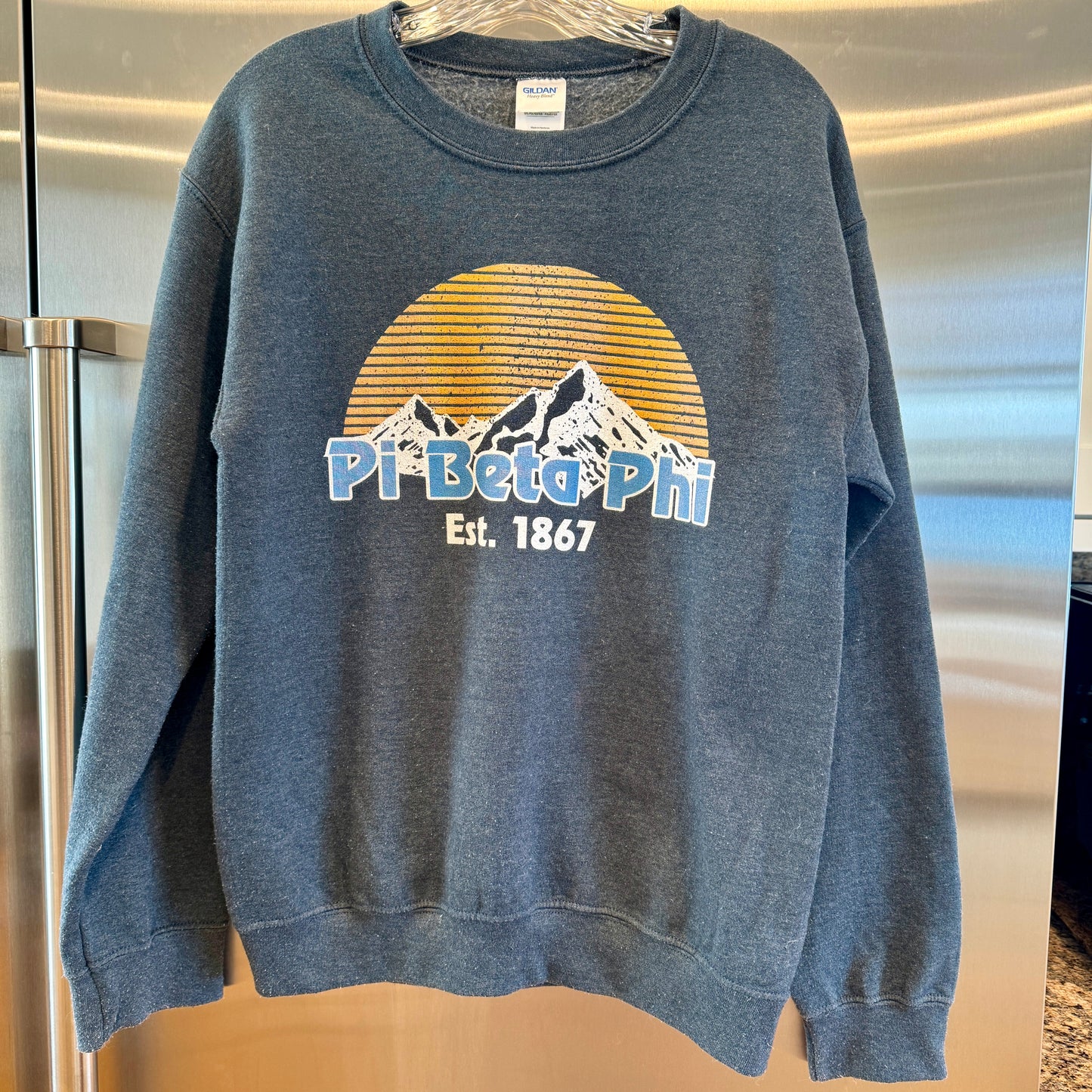 Pi Beta Phi 1867 Mountain Outdoors Sunrise Sorority Crewneck Sweatshirt Top Grey * Pre-owned