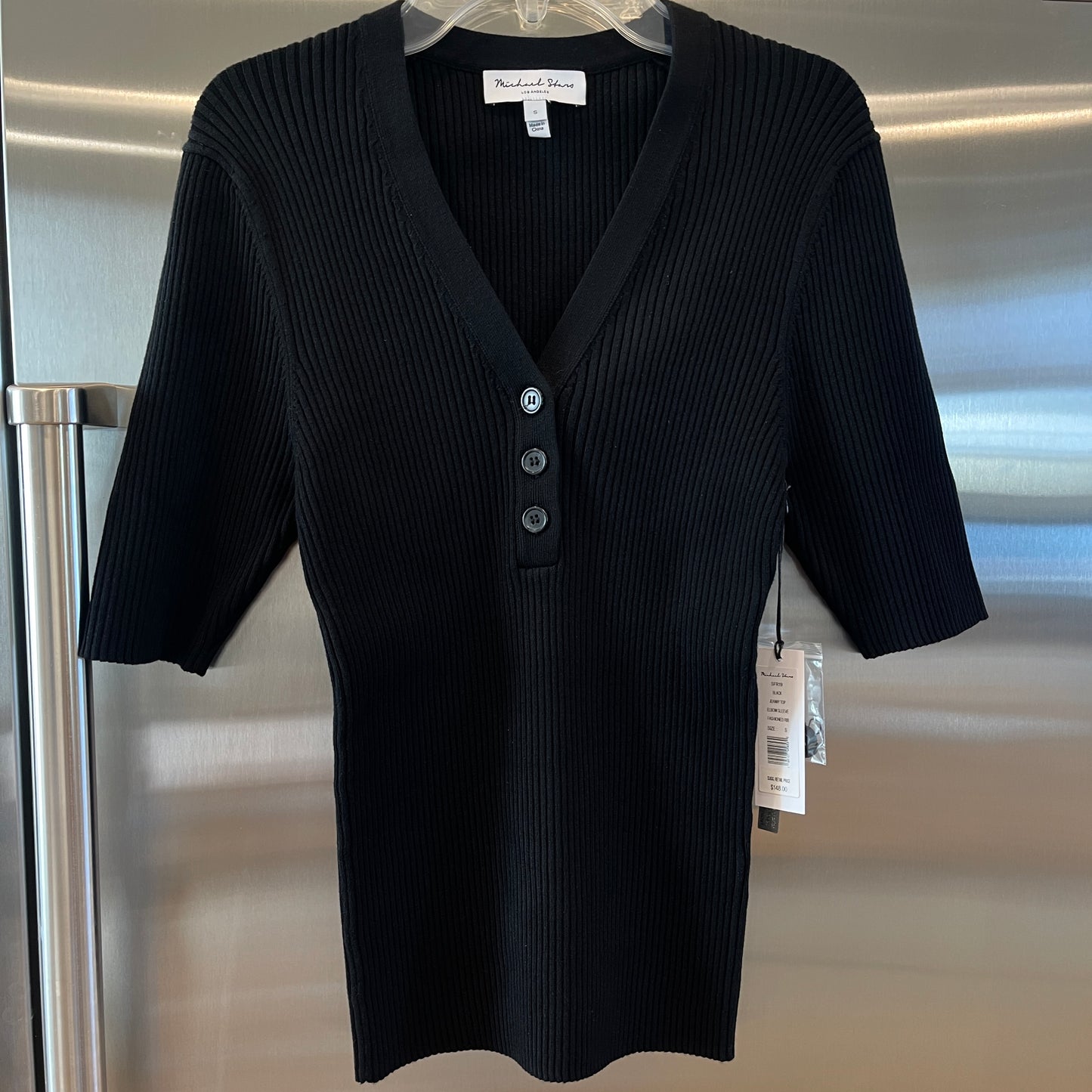 Michael Stars Jeanny Top Knit Black Ribbed Button down Henley