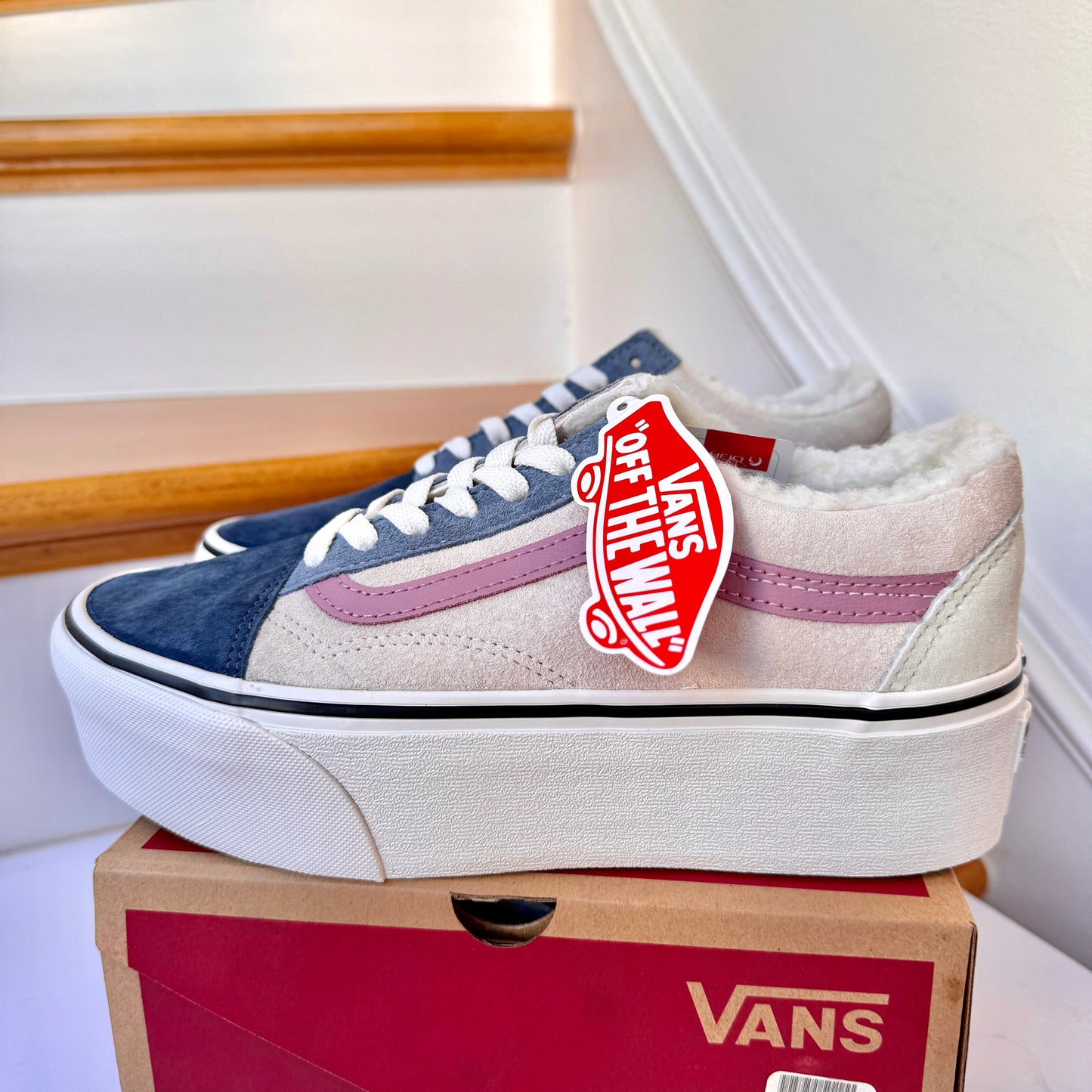 Vans Old Skool Stackform Platform Pig Suede Sherpa Pink Blue Multi Sneakers