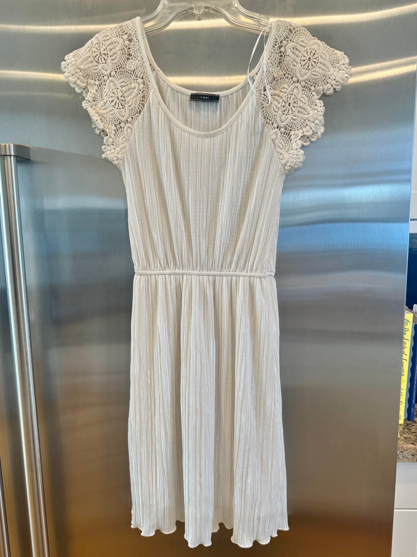 White Micro Plisse Dress with Lace Sleeve Cap * Pre-Owned *