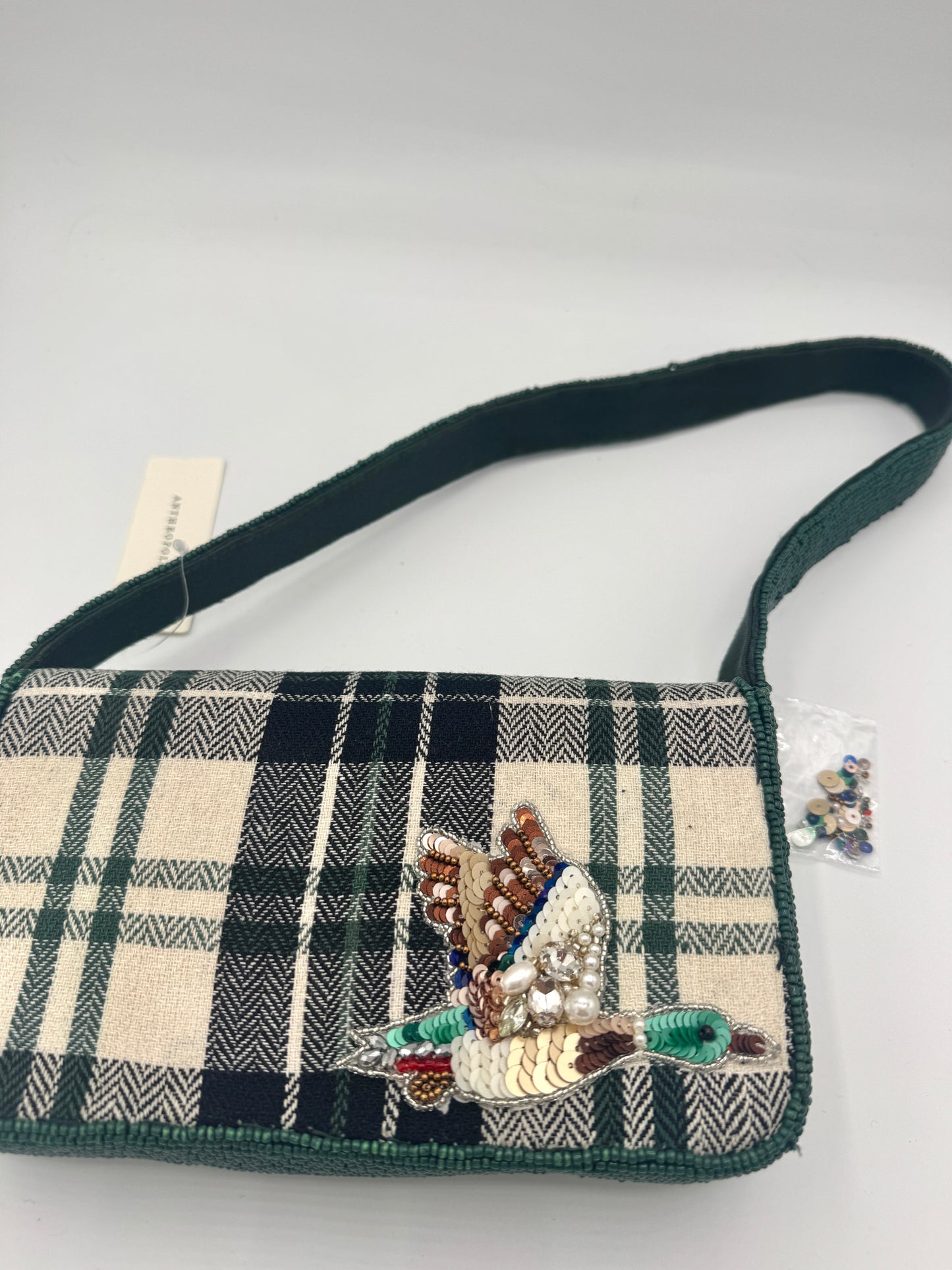 Anthropologie Green Plaid Flannel Fiona Beaded Bag Animal Edition Duck Purse