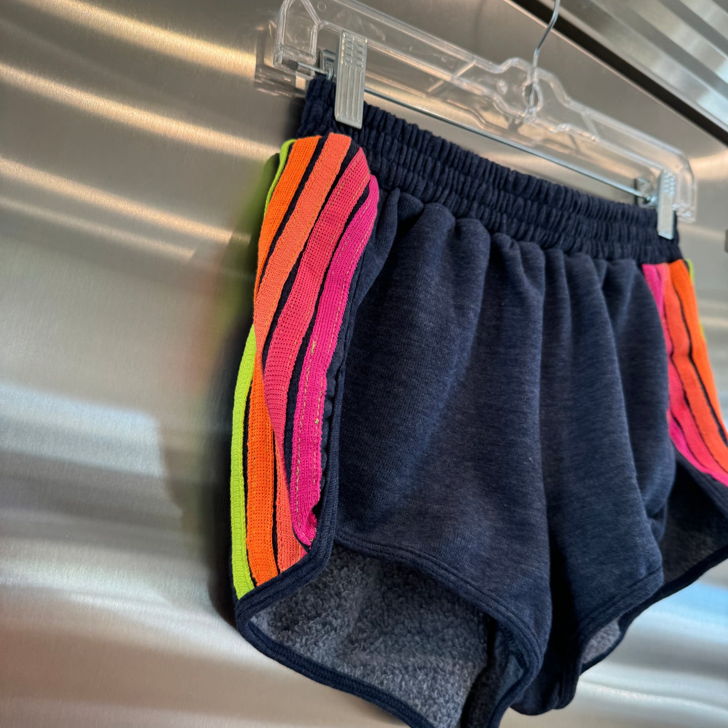 Aviator Nation 5 Stripe Jogger Shorts in Navy Blue / Neon Pink Orange Multi