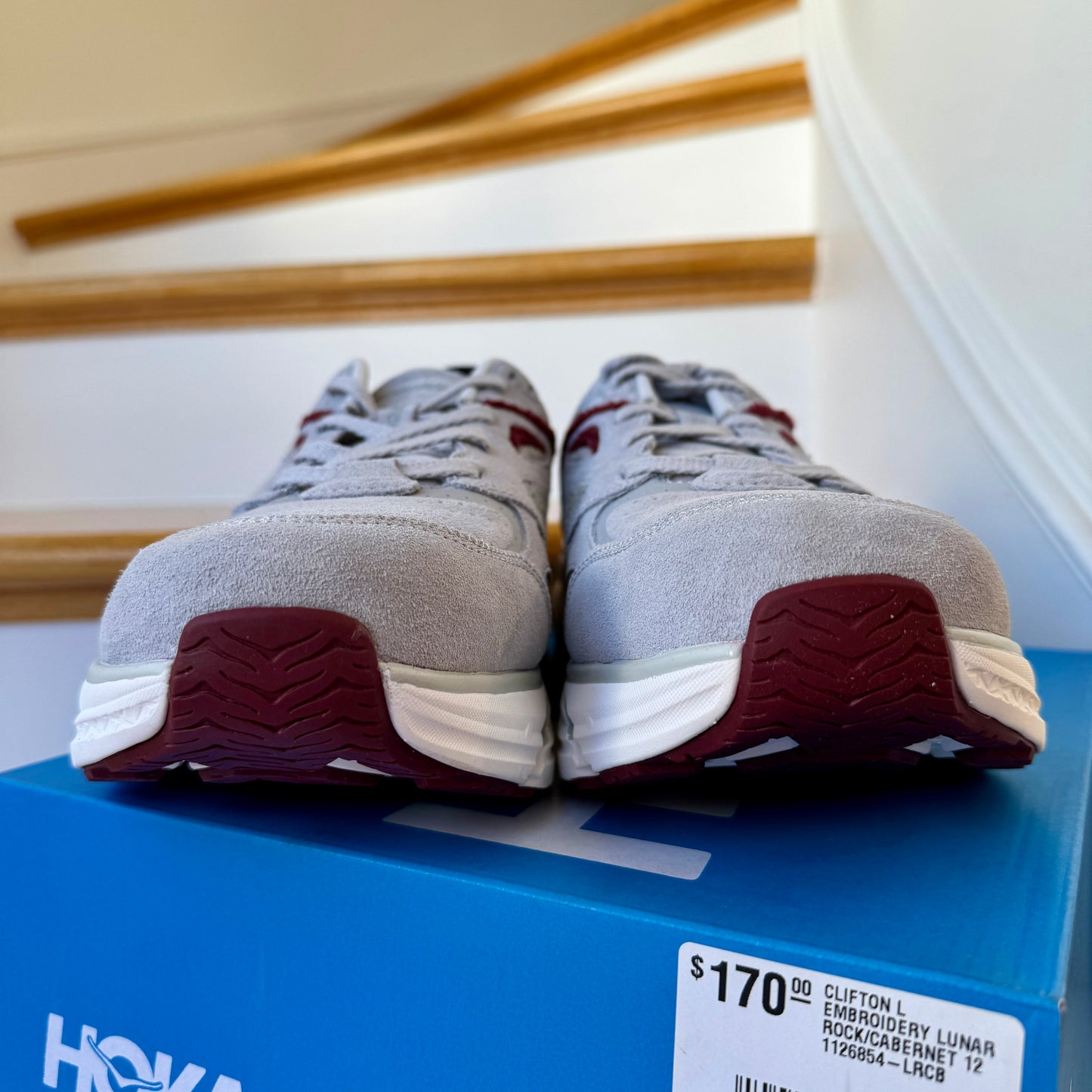 Hoka Clifton Suede Embroidery L Leather Unisex  Grey / Maroon Red Lunar rock Cabernet