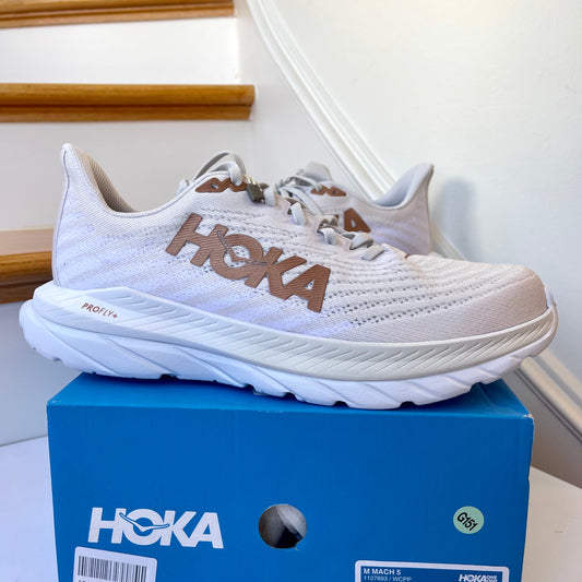 Hoka Mach 5 Running Shoes in White / Copper , Hoka One One race shoes