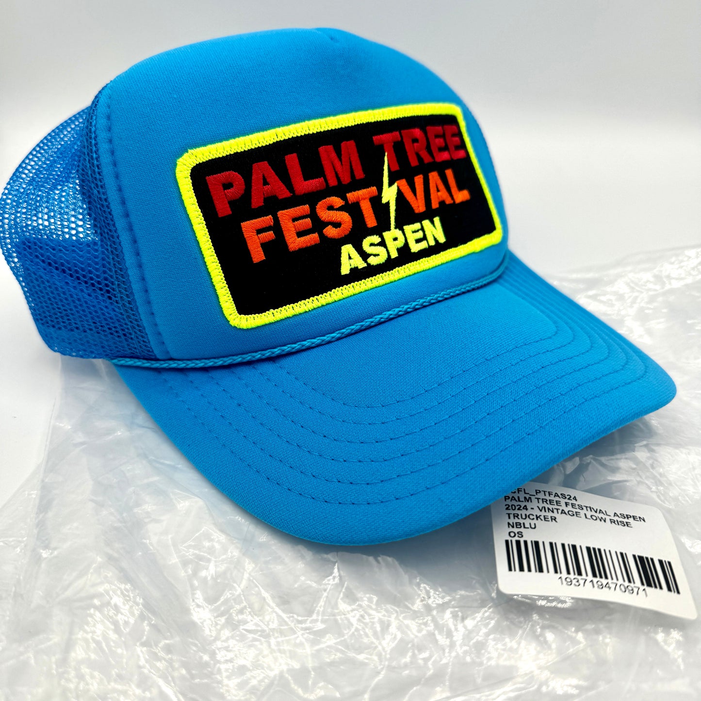 Aviator Nation Palm Tree Festival Aspen Trucker Hat in Neon Blue