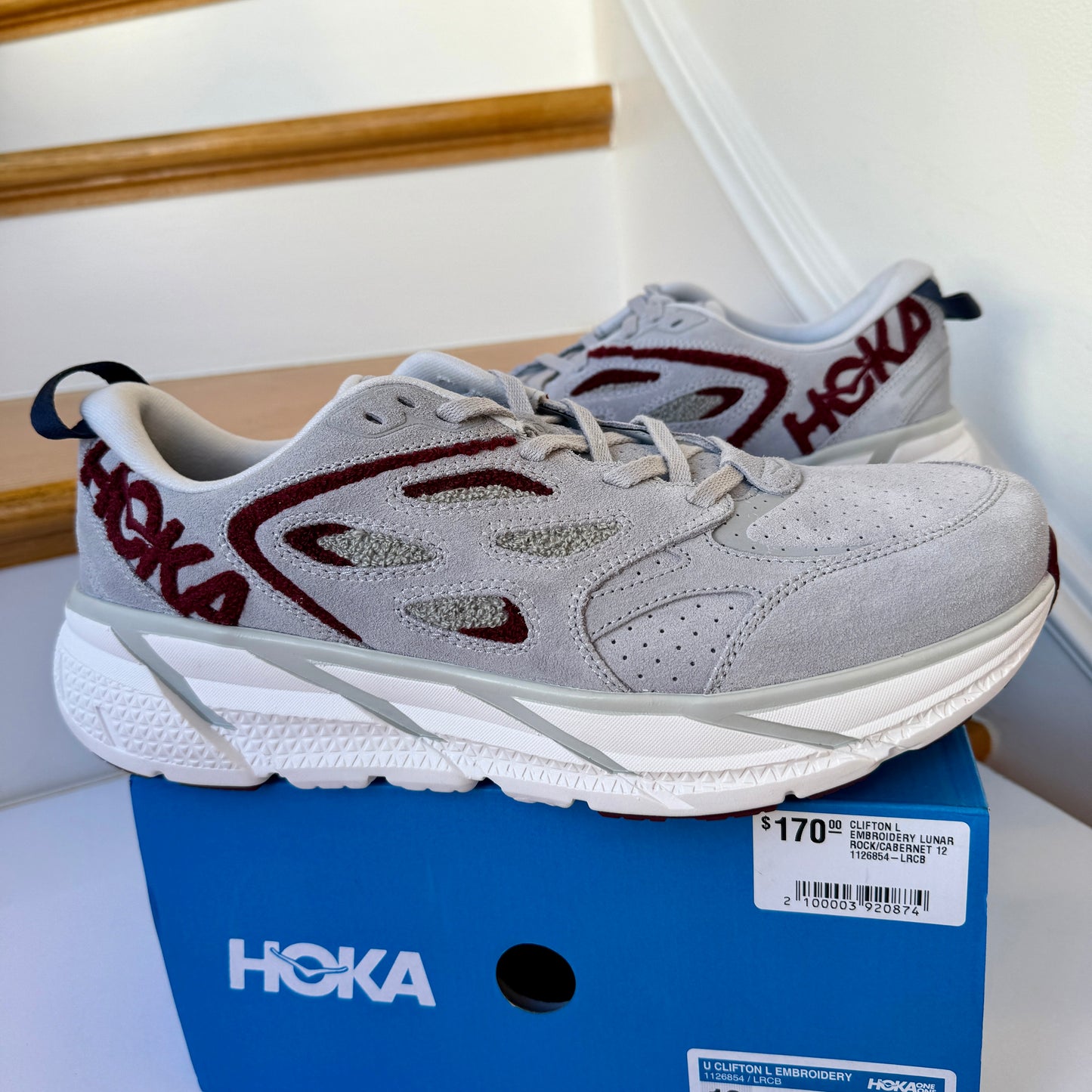 Hoka Clifton Suede Embroidery L Leather Unisex  Grey / Maroon Red Lunar rock Cabernet