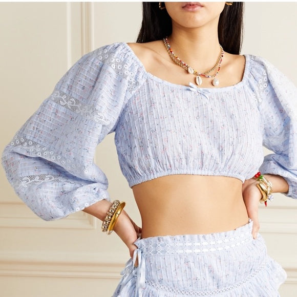 LoveShackFancy Albertina Cropped Top in Bella Blue Lace details brand new