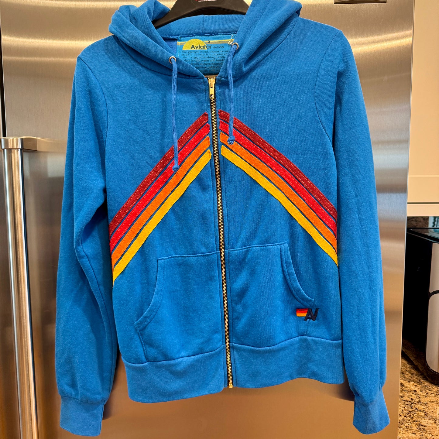 Aviator Nation Mountain Stitch Chevron 4 Stripe Hoodie Jacket Ocean Blue