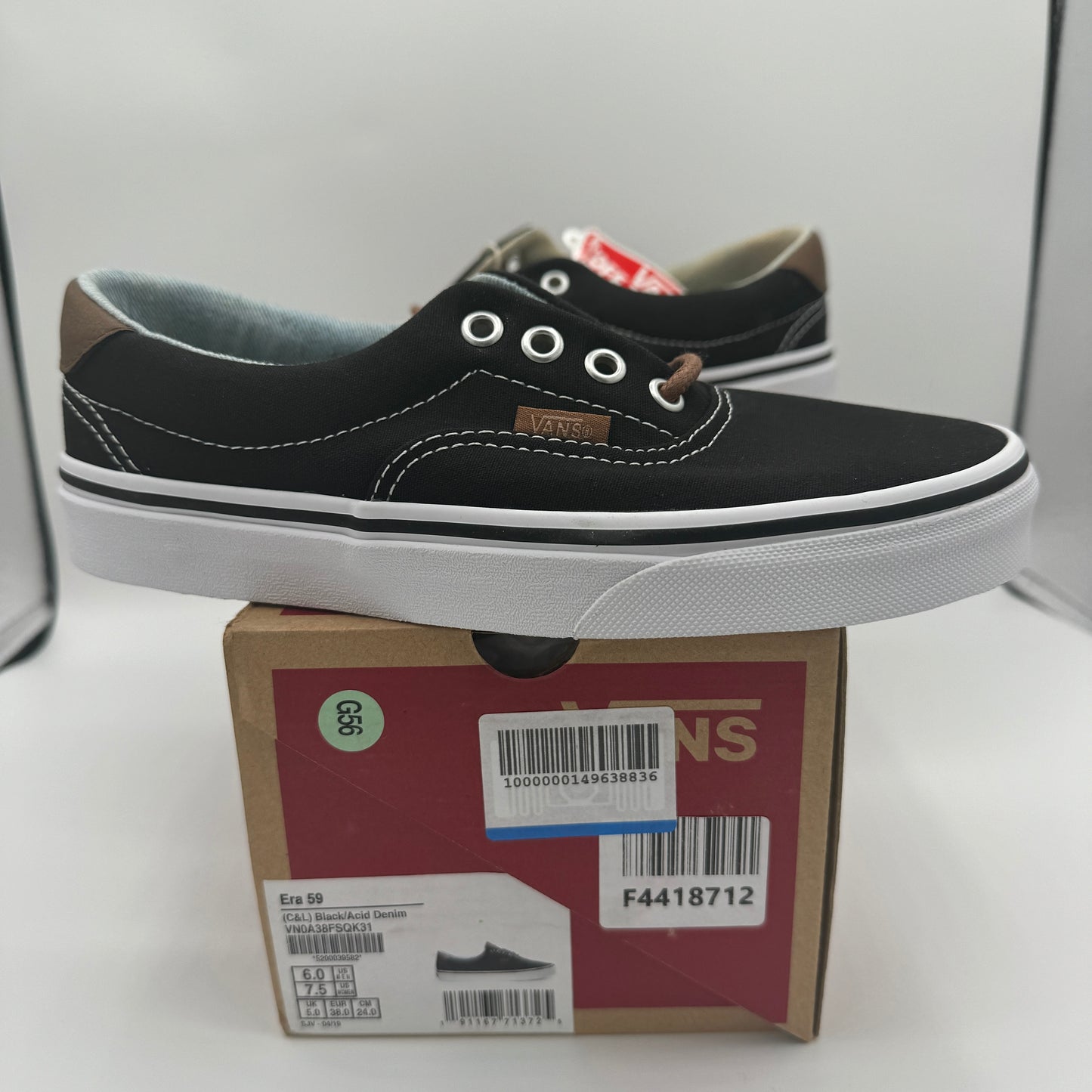 Vans Classic Era 59 Sneakers in Black C & L Acid Denim Brown Leather Trim