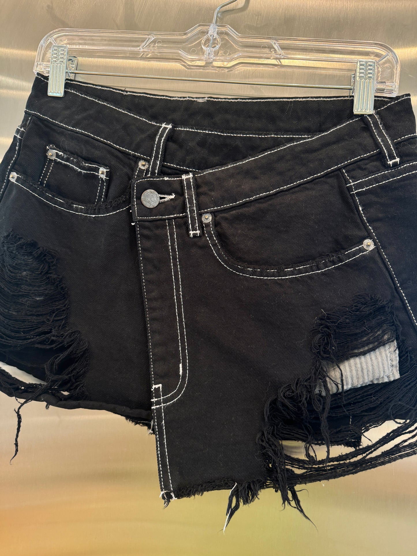 Carmar LF Asymmetrical Black Denim Mini Skirt Distressed Jean Skirt * Pre-Owned *