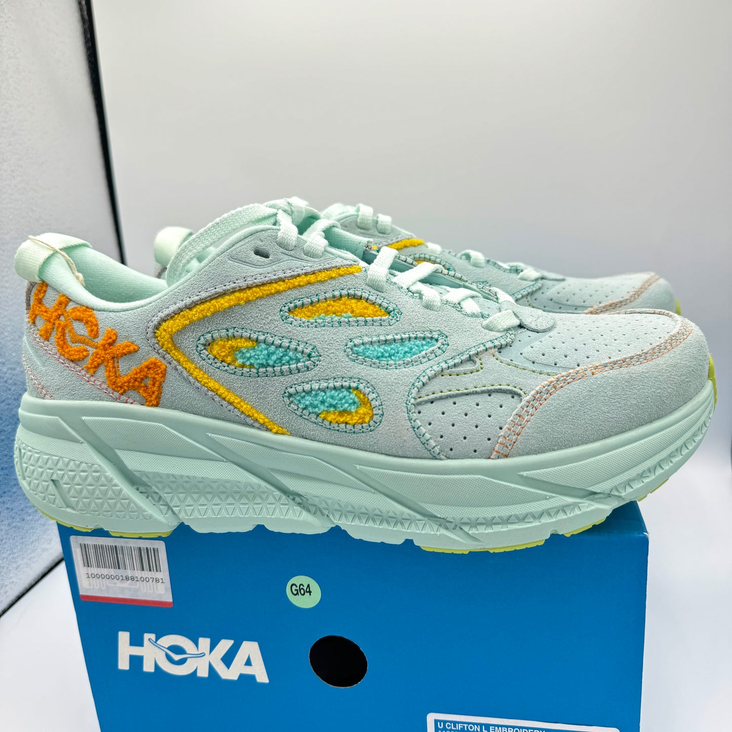 Hoka Clifton L Embroidery UNISEX Shoes Leather blue glass yellow aqua