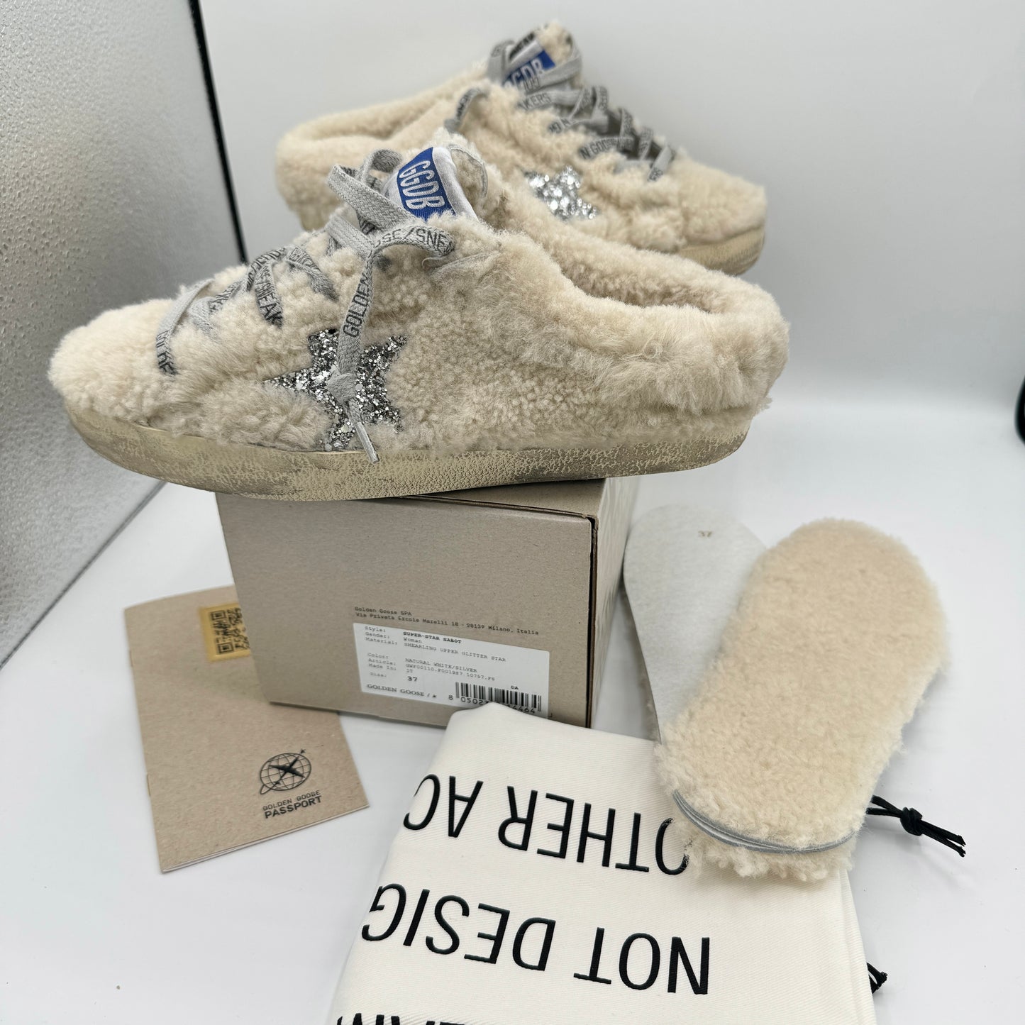 Golden Goose Superstar Sabot Shearling Glitter Sneaker Mule Natural / Silver