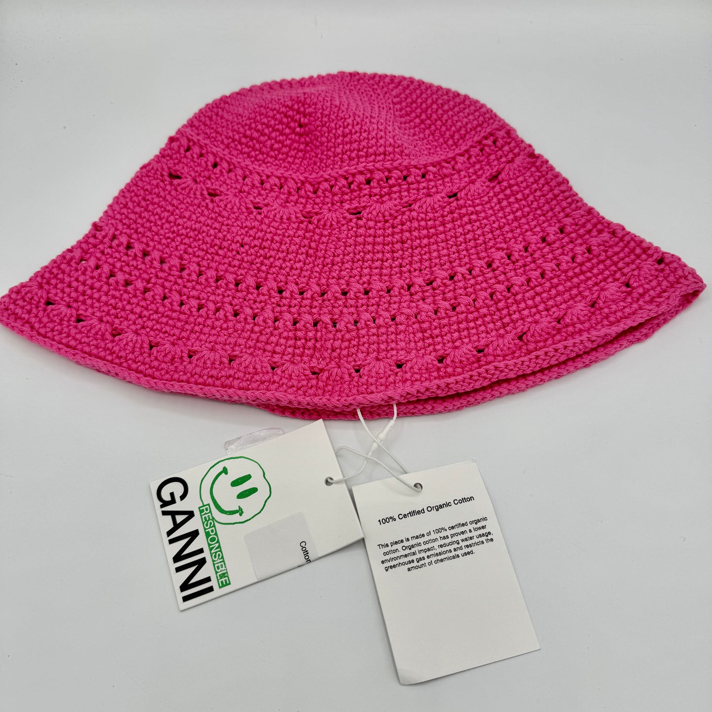 Ganni Crochet Knit Bucket Hat Shocking Pink Logo