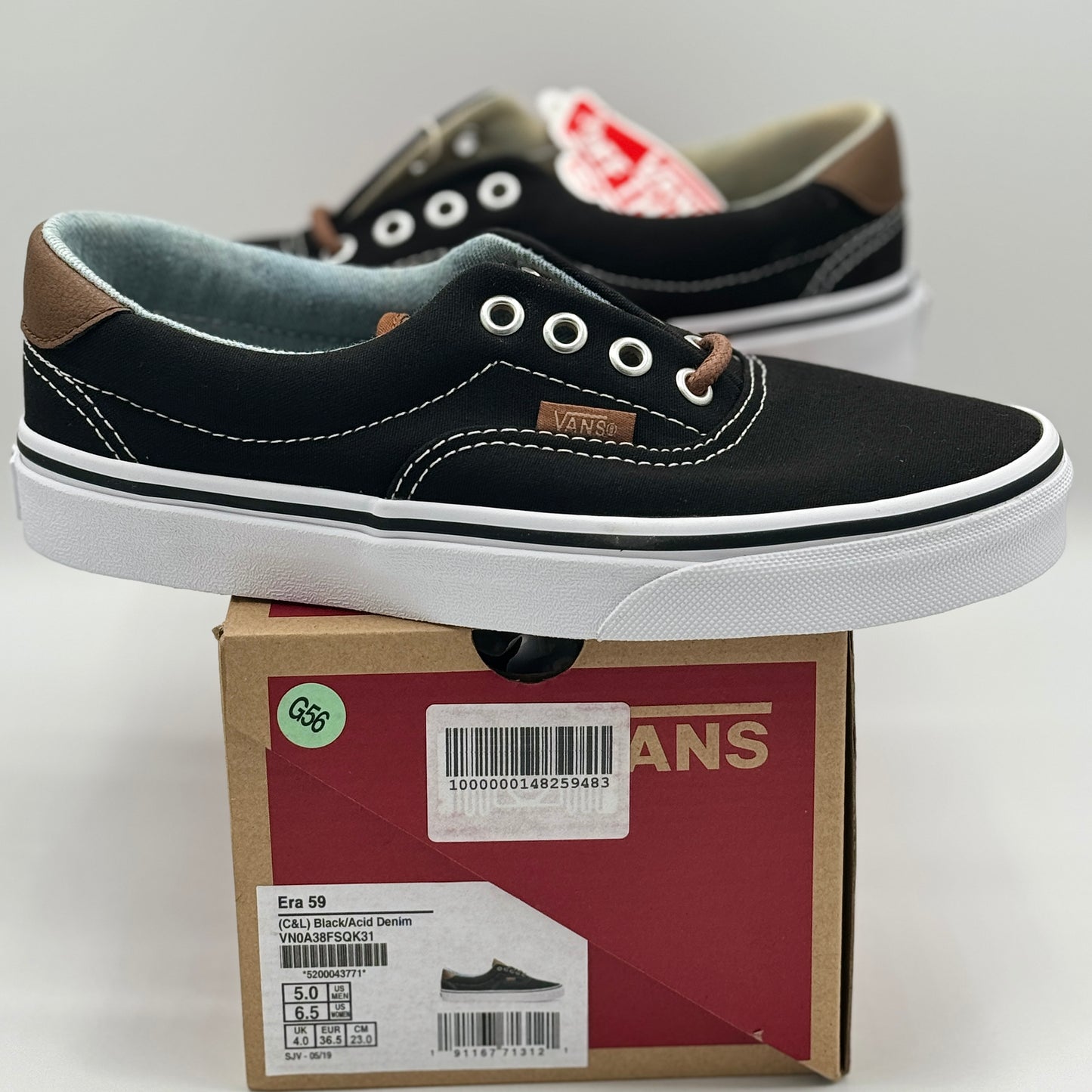 Vans Classic Era 59 Sneakers in Black C & L Acid Denim Brown Leather Trim