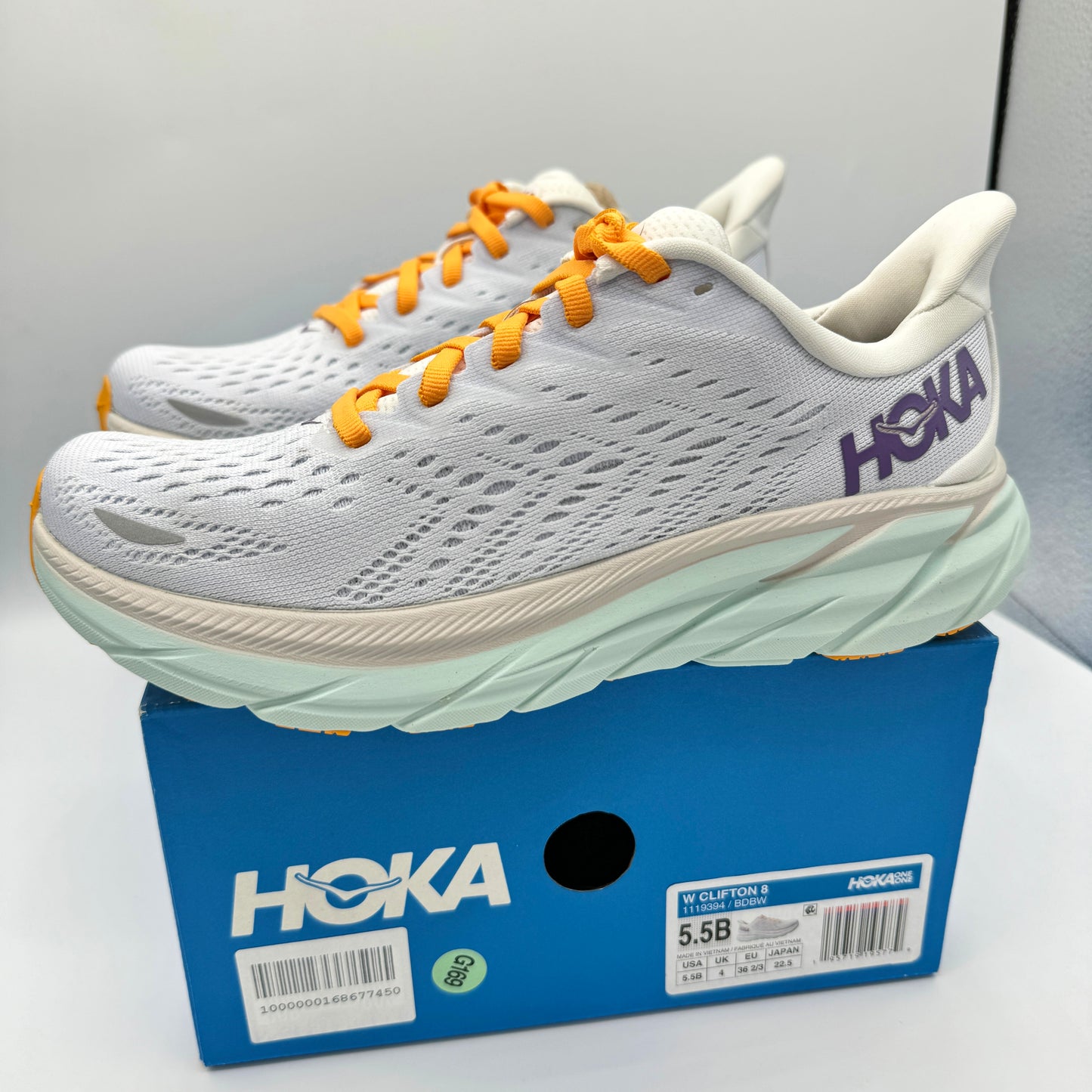 Hoka Clifton 8 Running shoes brand new Blanc de blanc white womens