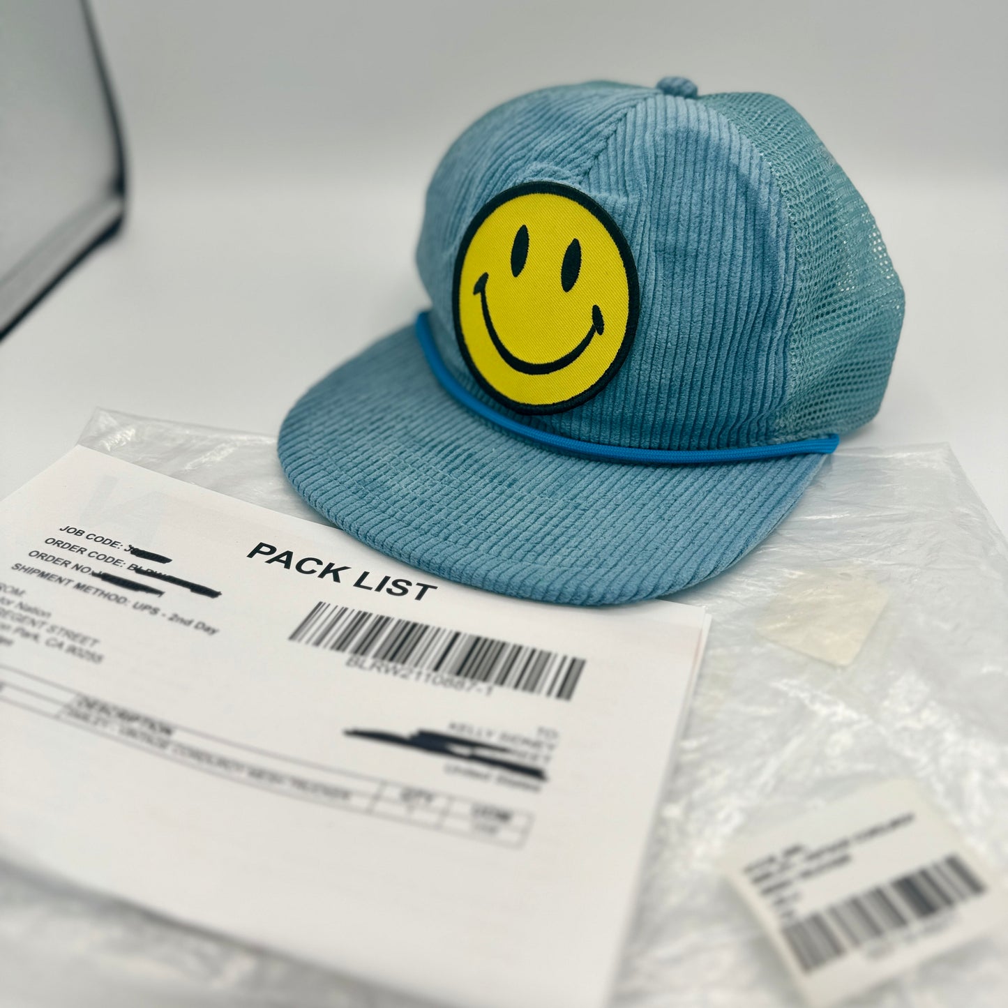 Aviator Nation Corduroy Trucker Hat Smiley Patch Embroidery Smile Light Blue