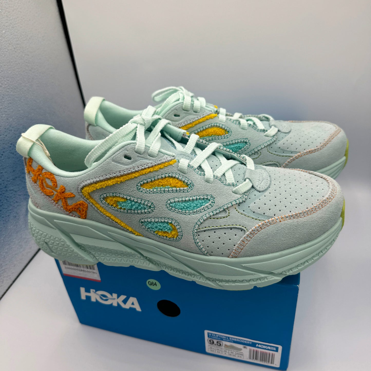 Hoka Clifton L Embroidery UNISEX Shoes Leather blue glass yellow aqua