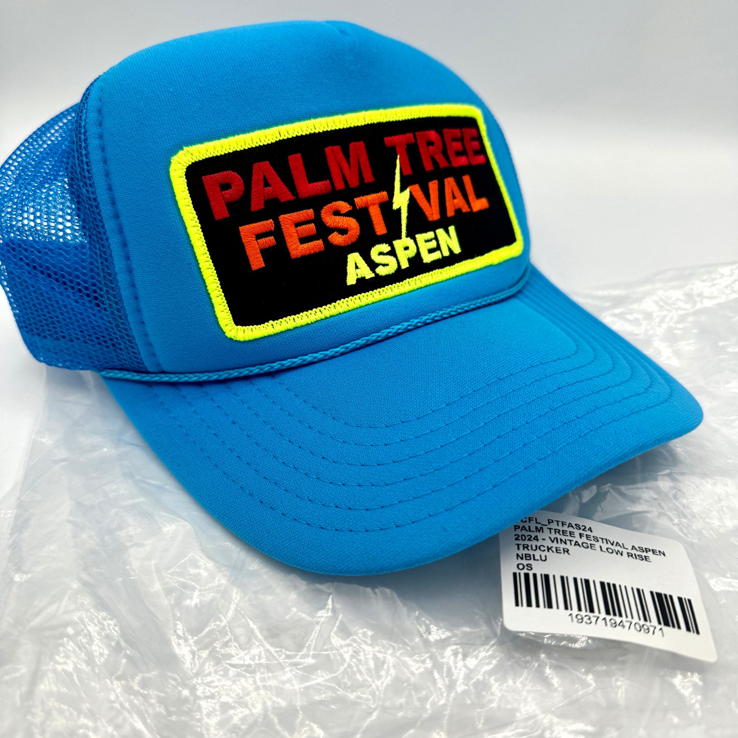 Aviator Nation Palm Tree Festival Aspen Trucker Hat in Neon Blue