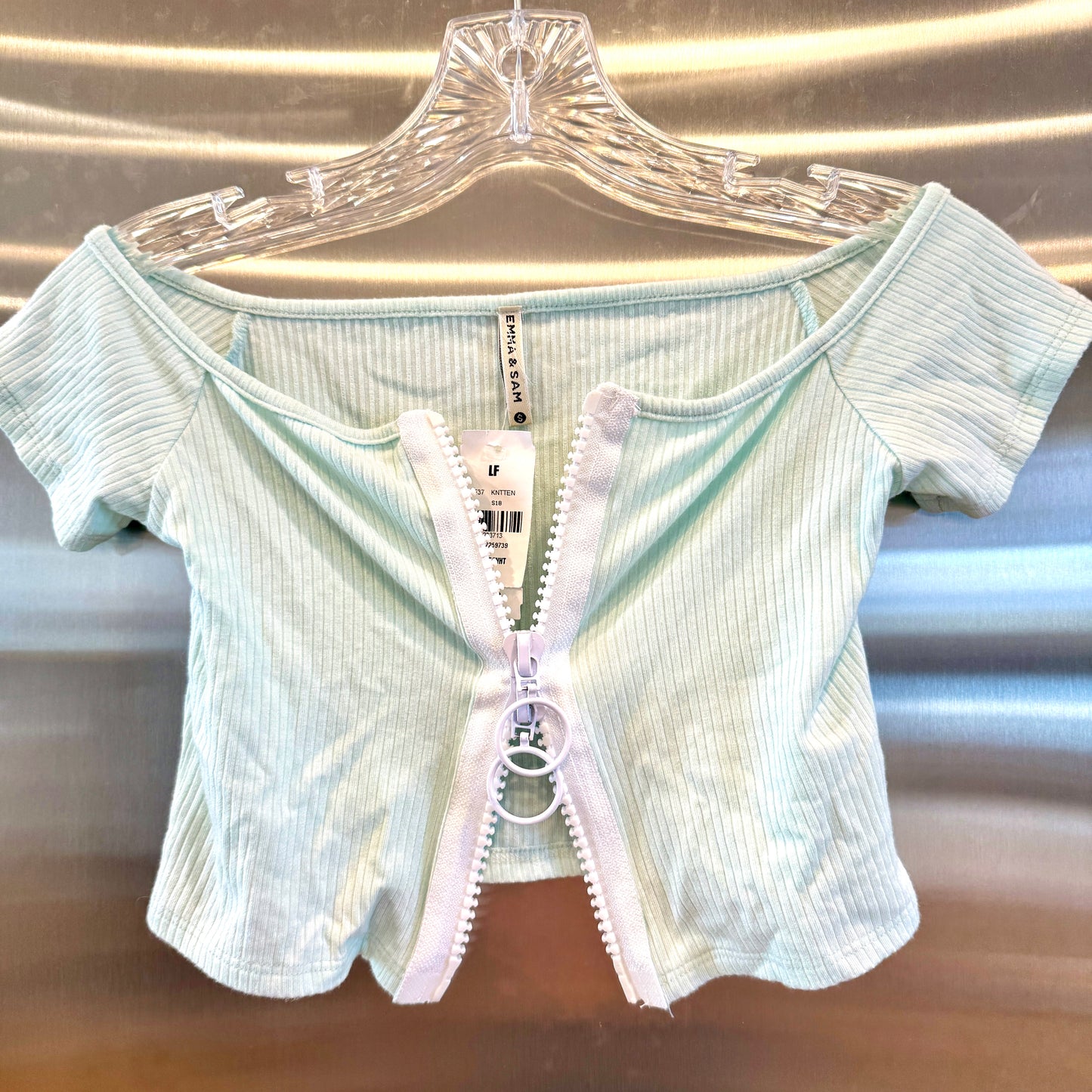 LF Emma and Sam Mint Light Pastel Green Ribbed Crop Top with white zipper