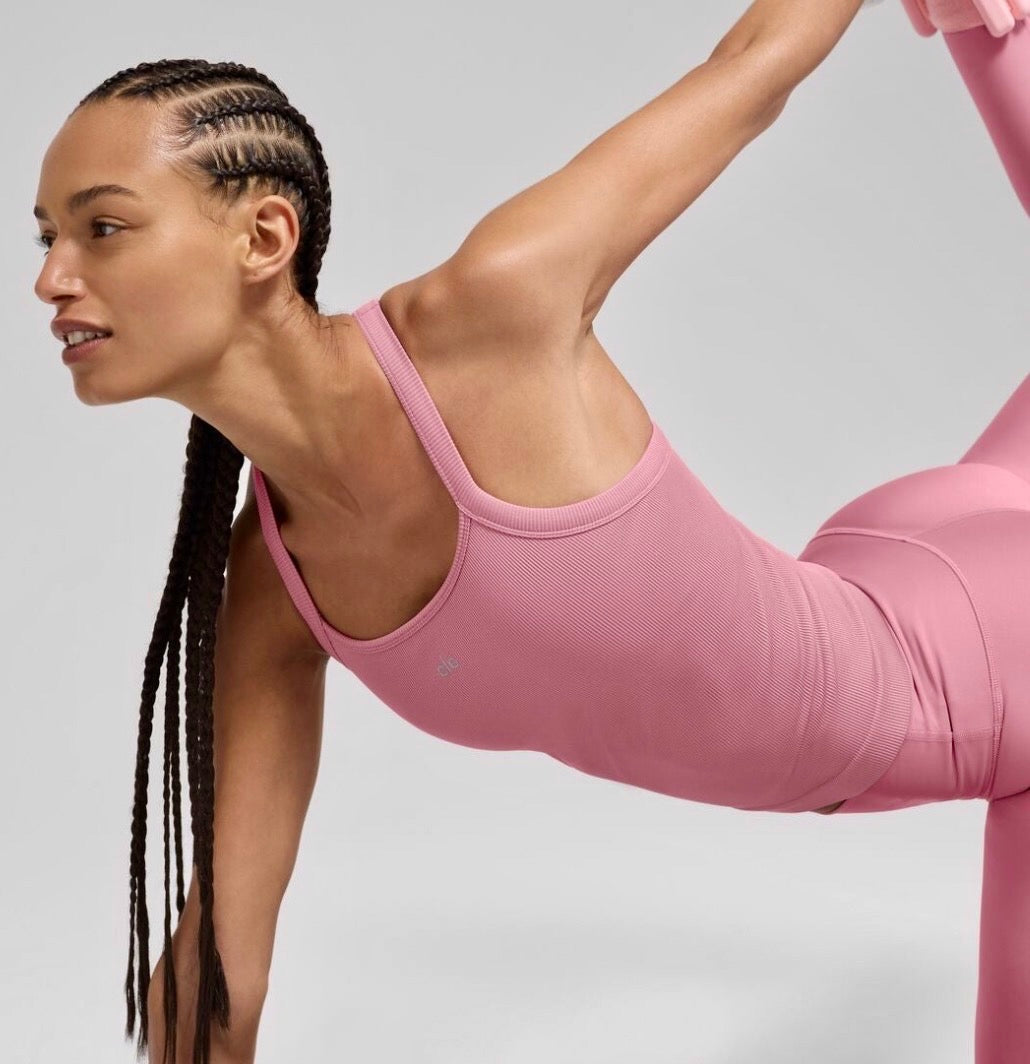 Alo Matching Set- Match Point Shorts and Seamless Ribbed Favorite Full Length Bra Tank Top in Pink Wild Rose