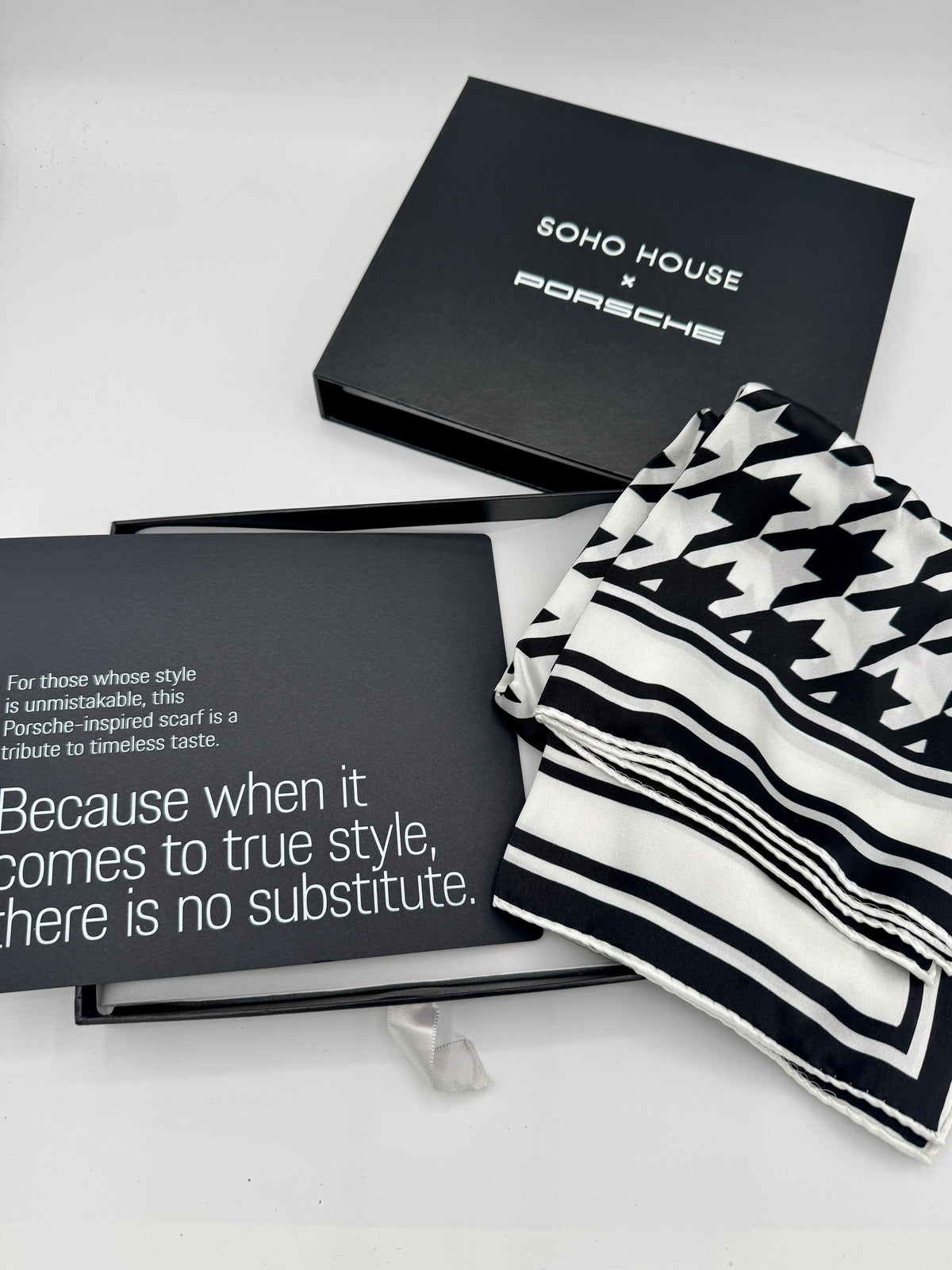 Porsche x Soho House Satin Pepita Black / White Houndstooth Heritage Pasha Scarf Bandana