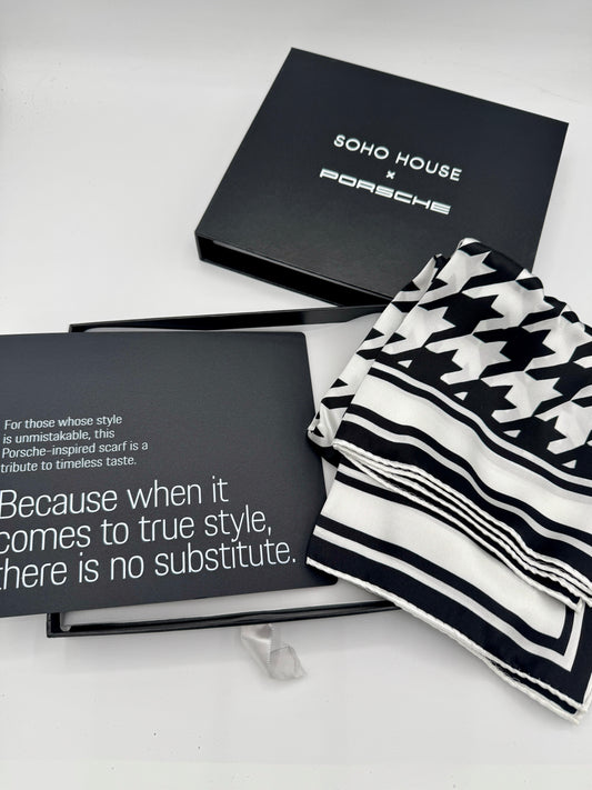Porsche x Soho House Satin Pepita Black / White Houndstooth Heritage Pasha Scarf Bandana