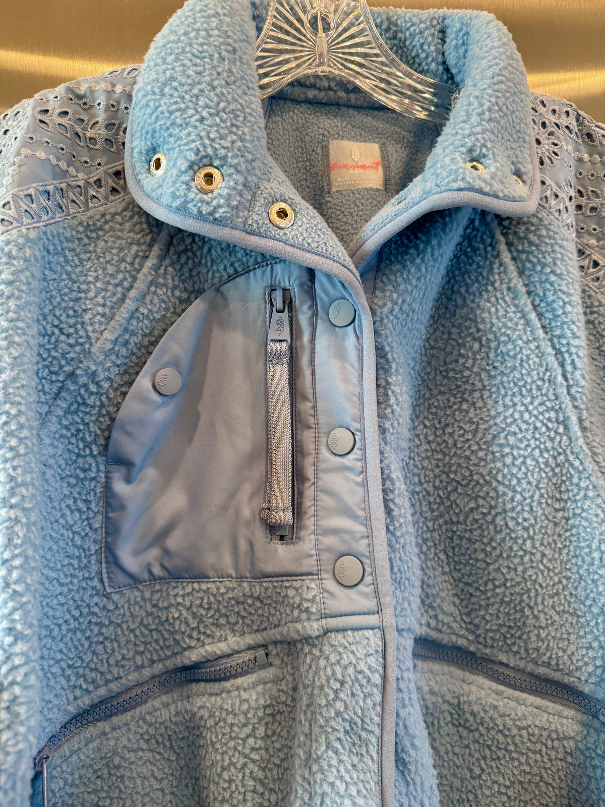 Free People Hit The Slopes Eyelet Fleece Jacket - Denim Rinse Blue