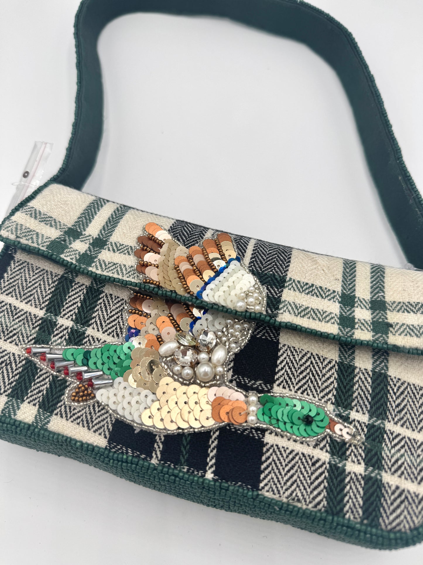 Anthropologie Green Plaid Flannel Fiona Beaded Bag Animal Edition Duck Purse