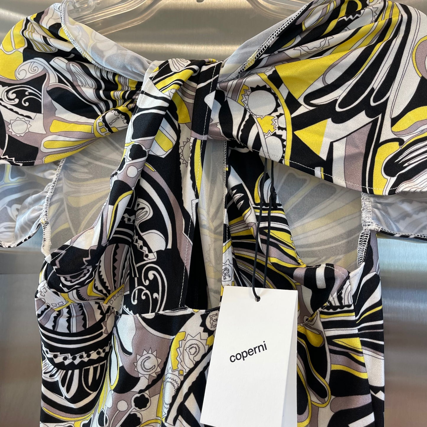 Coperni Cutout Twist Mini Dress in Yellow Black white abstract print