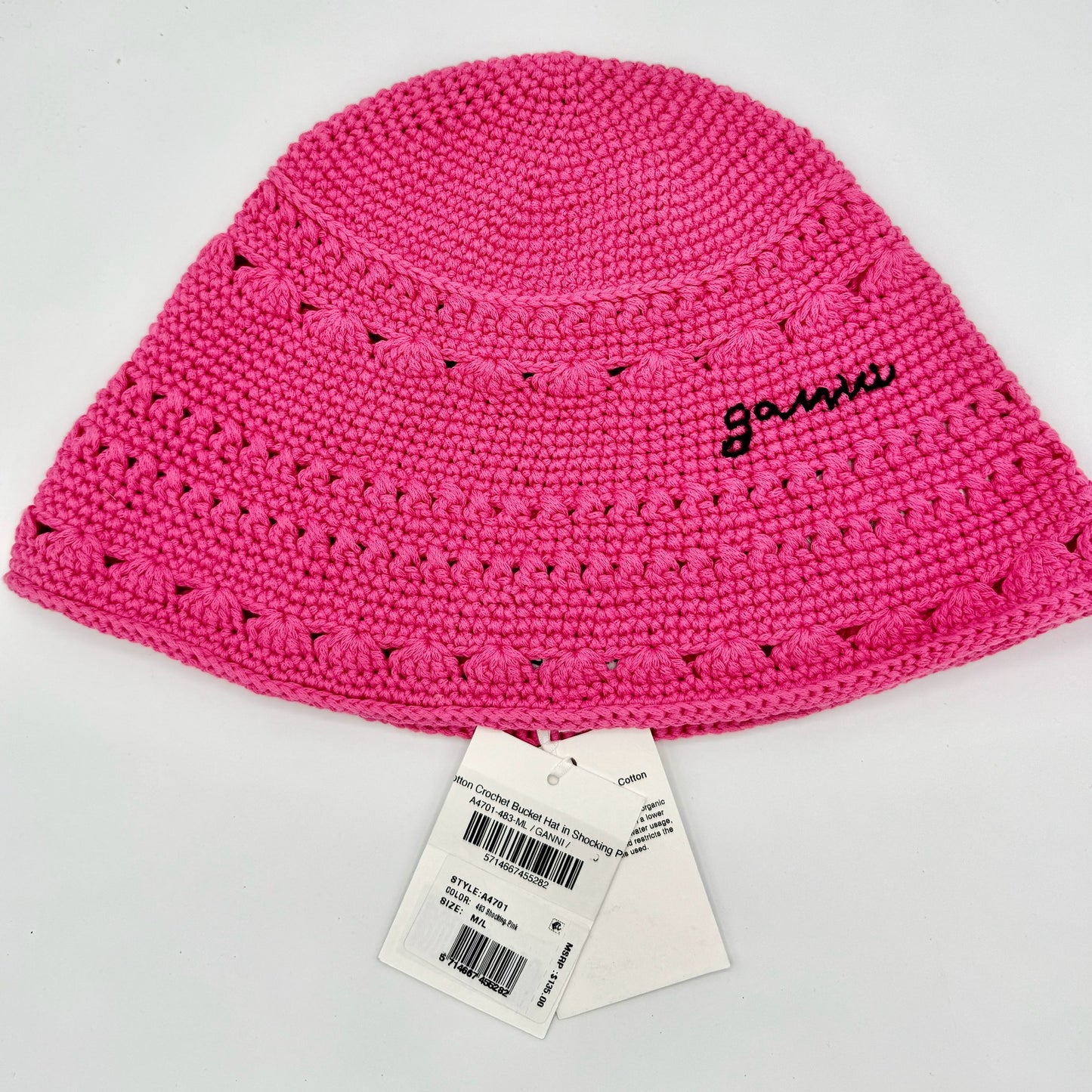 Ganni Crochet Knit Bucket Hat Shocking Pink Logo