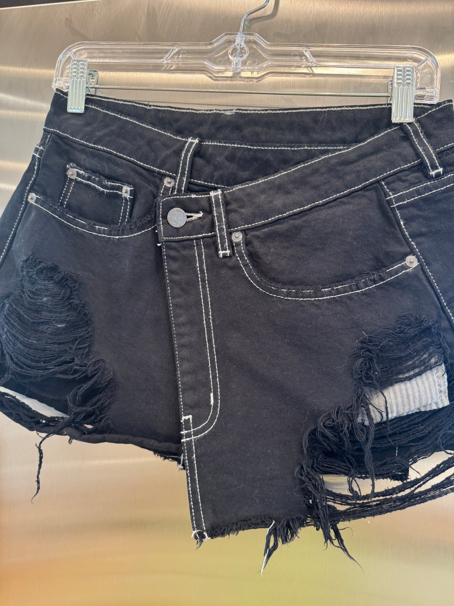 Carmar LF Asymmetrical Black Denim Mini Skirt Distressed Jean Skirt * Pre-Owned *