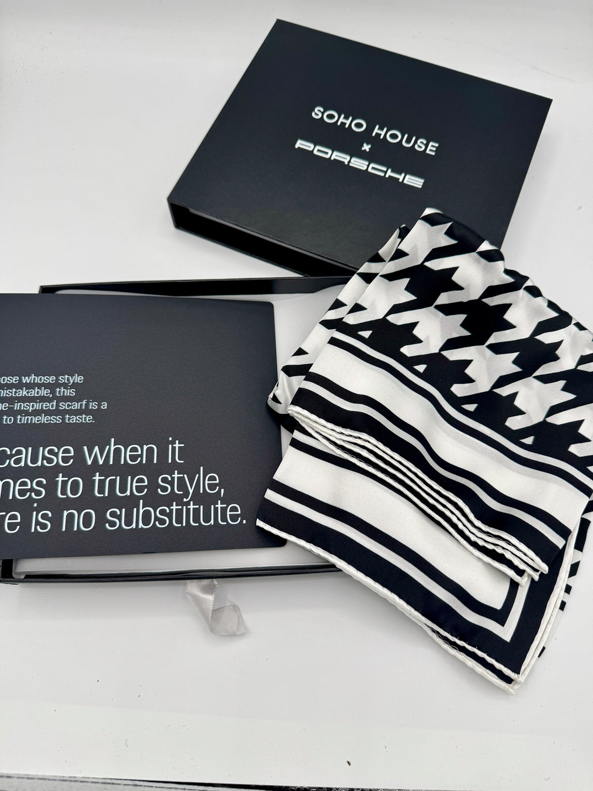 Porsche x Soho House Satin Pepita Black / White Houndstooth Heritage Pasha Scarf Bandana