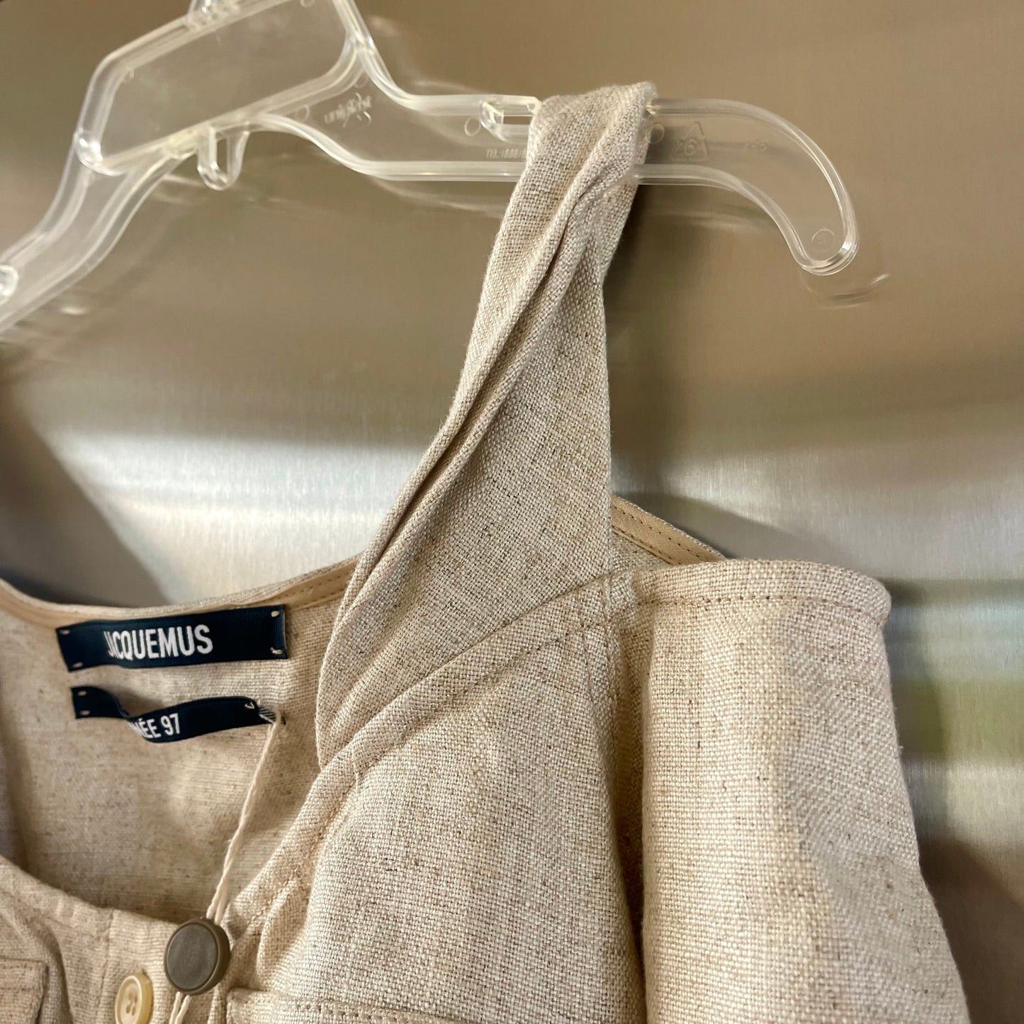 Jacquemus Le Haut Alzou Beige Linen Cropped Top Off shoulder pocket details