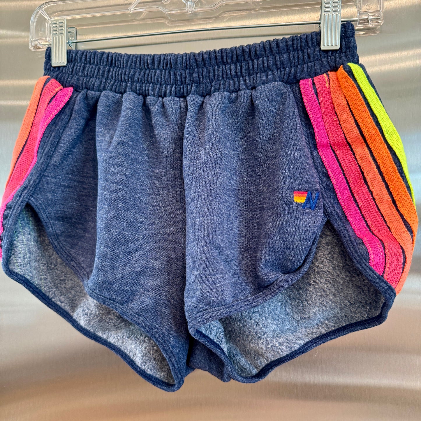 Aviator Nation 5 Stripe Jogger Shorts in Navy Blue / Neon Pink Orange Multi