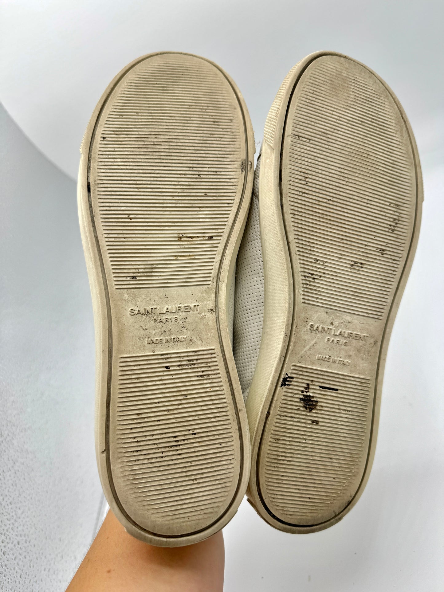 Saint Laurent Pre-Owned Perforated Andy leather sneakers in white with leopard trim