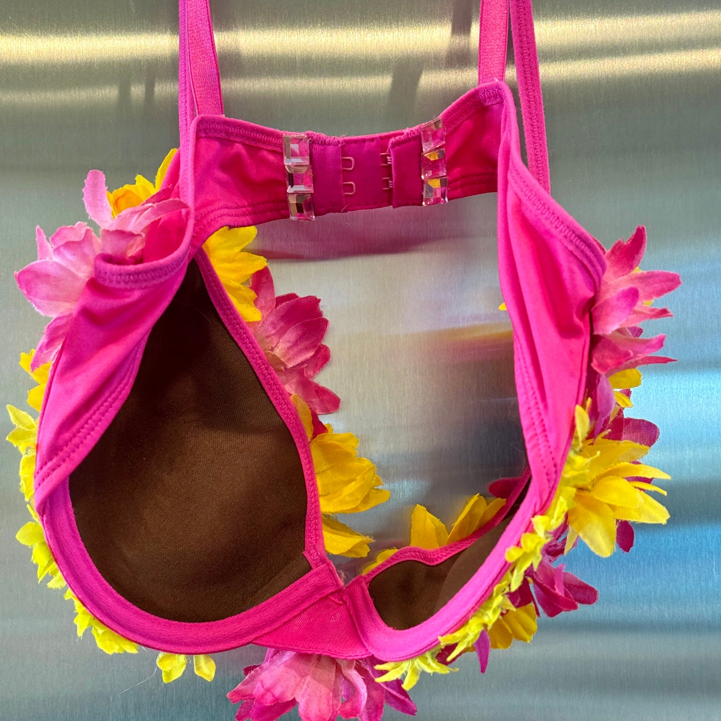 Handmade Flower Festival Bra Pink Yellow Rave Coachella Top Pre-Owned