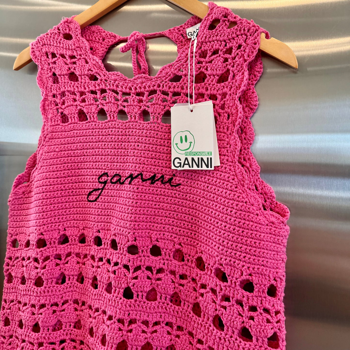 Ganni Pink Crochet Knit Coverup Mini Dress in Shocking Pink Embroidered Logo