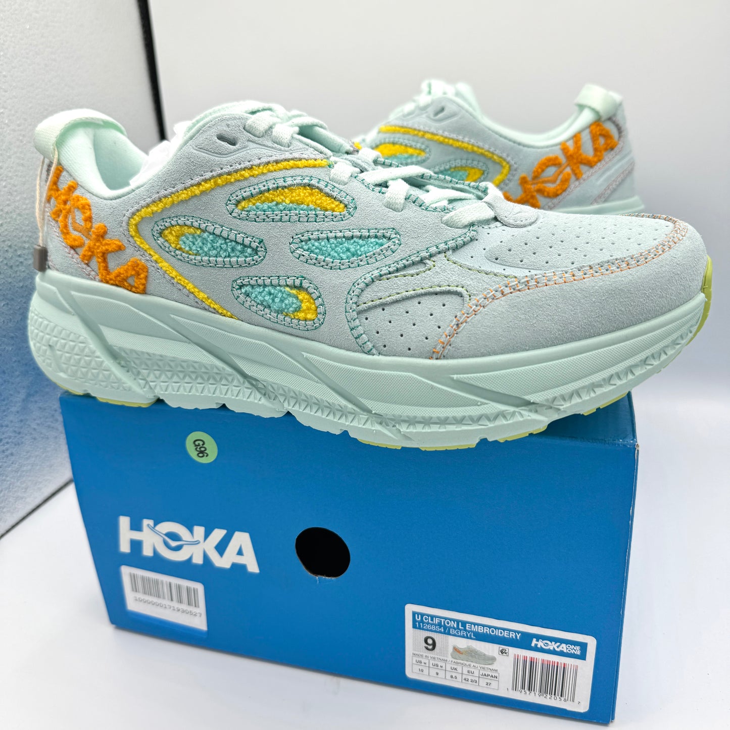 Hoka Clifton L Embroidery UNISEX Shoes Leather blue glass yellow aqua