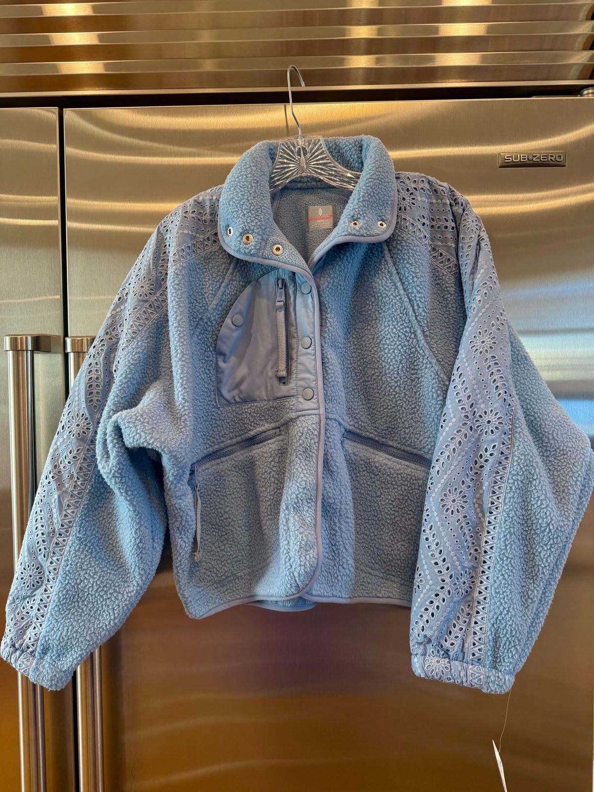 Free People Hit The Slopes Eyelet Fleece Jacket - Denim Rinse Blue