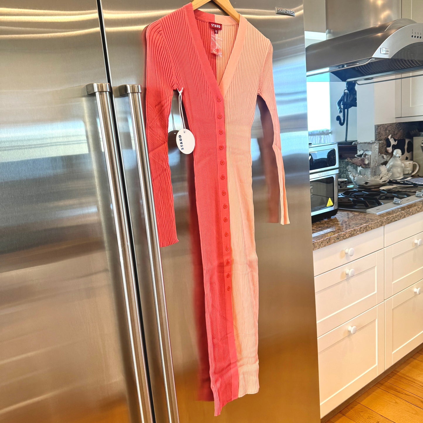 Staud Shoko Sweater Dress in Bittersweet Peach Light Pink Blush Button Down