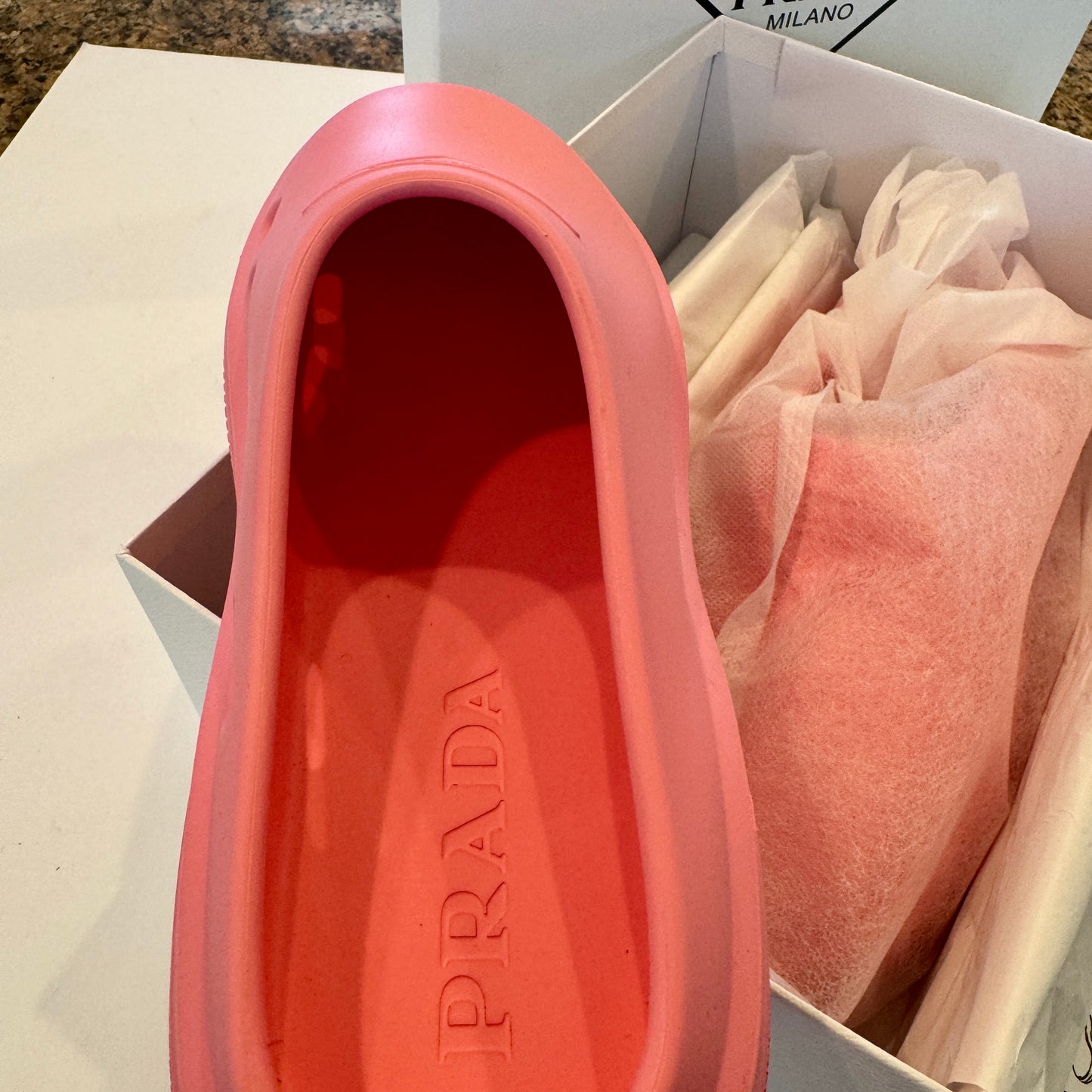 Prada Mellow Cut Out Slides Mules Womens Logo in Pink Begonia