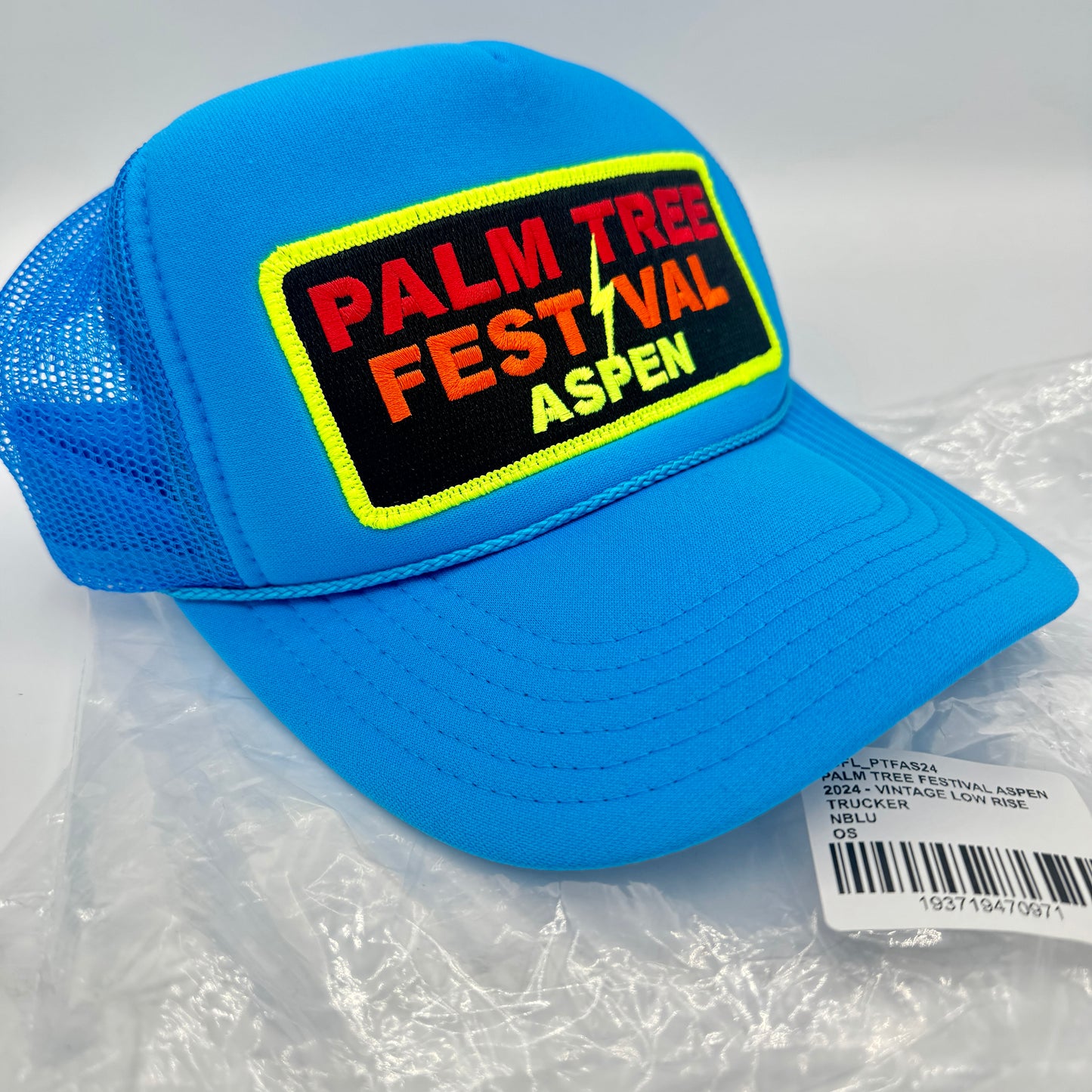 Aviator Nation Palm Tree Festival Aspen Trucker Hat in Neon Blue