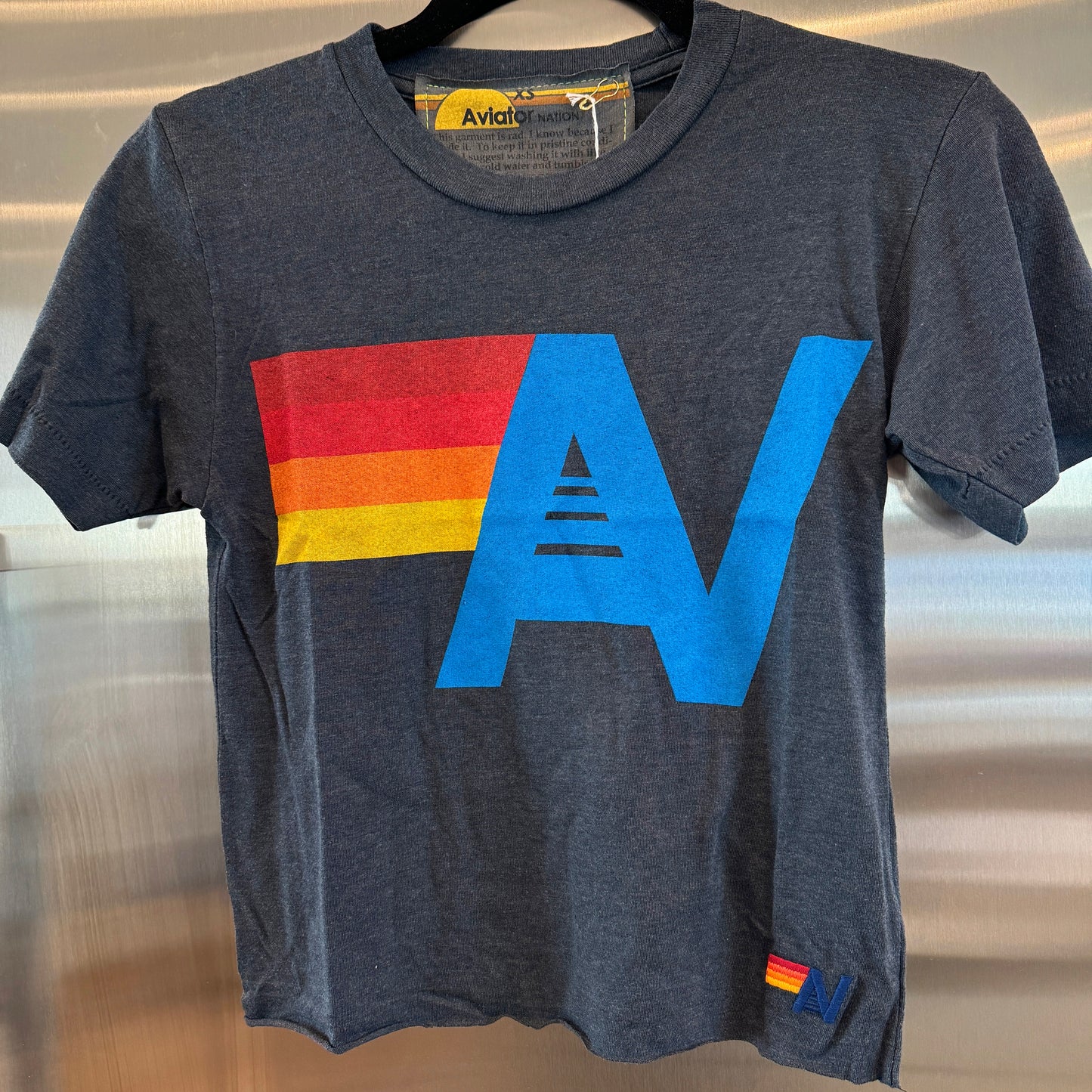 Aviator Nation Women’s Boyfriend Tee in Charcoal Grey Classic Rainbow Logo