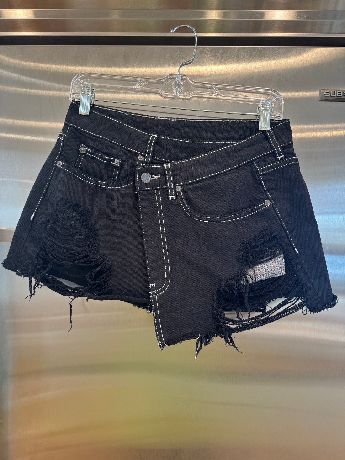 Carmar LF Asymmetrical Black Denim Mini Skirt Distressed Jean Skirt * Pre-Owned *