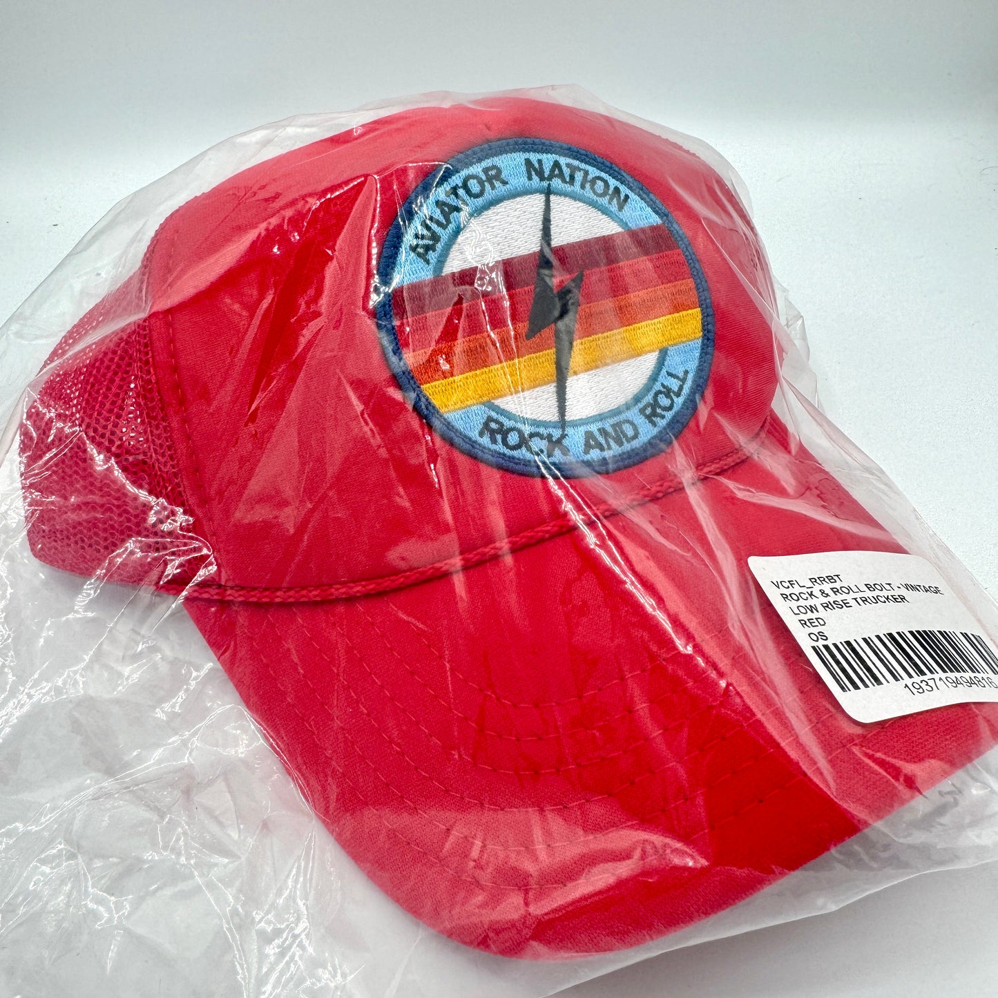 Aviator Nation Bolt Trucker Hat in Red with Rock and roll logo patch