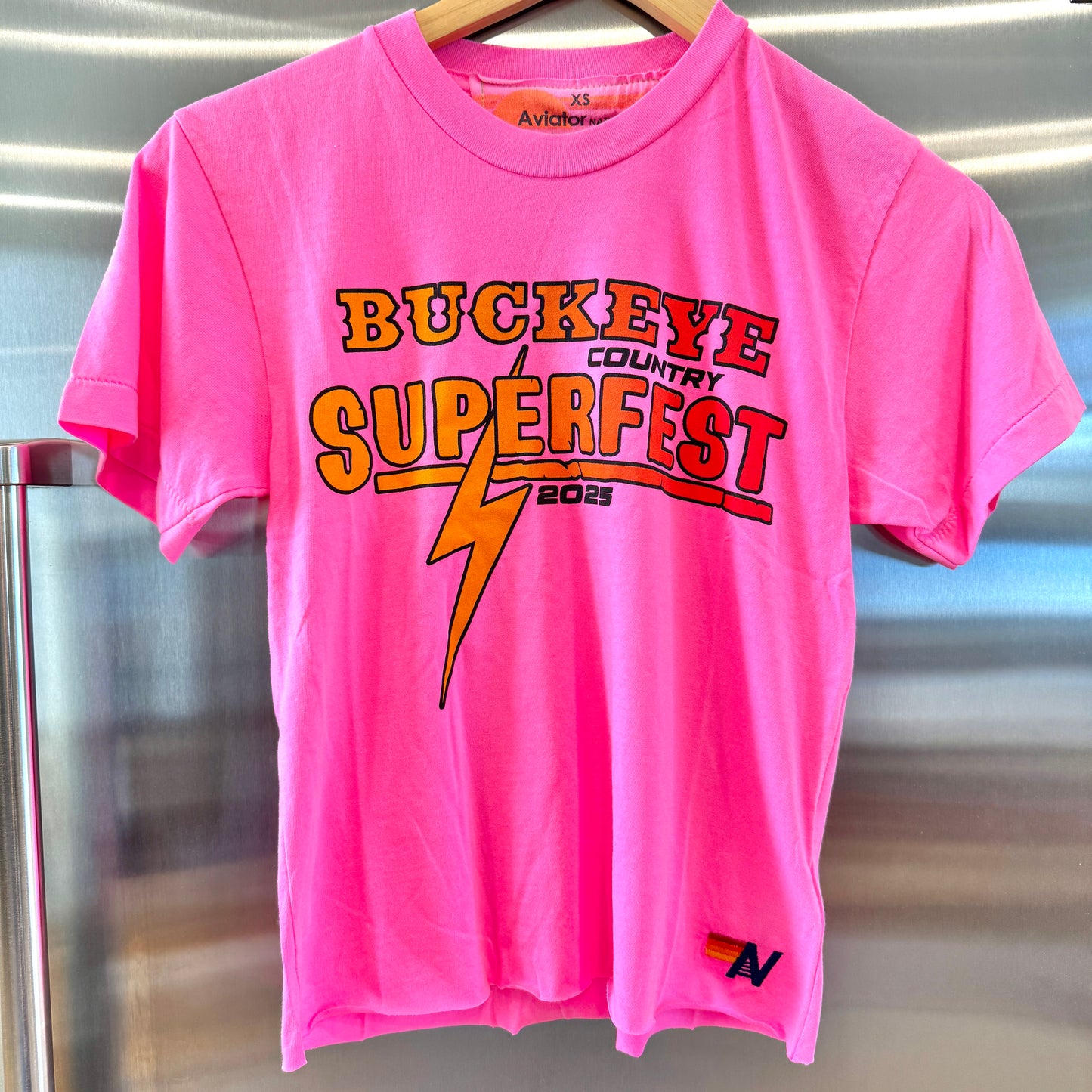 Aviator Nation Buckeye Fest 2025 Boyfriend Cropped Tee Shirt - Neon Pink