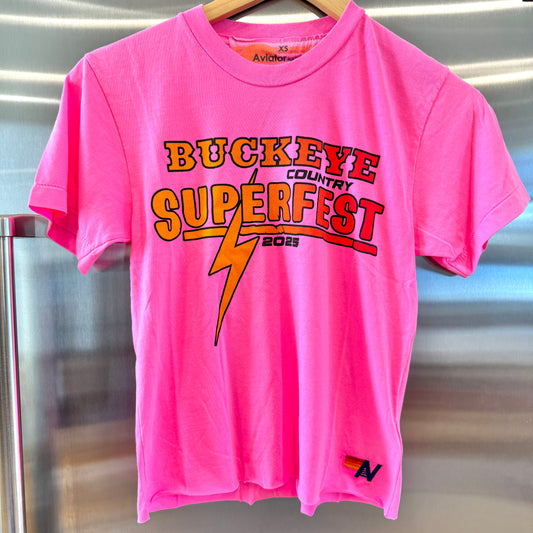 Aviator Nation Buckeye Fest 2025 Boyfriend Cropped Tee Shirt - Neon Pink
