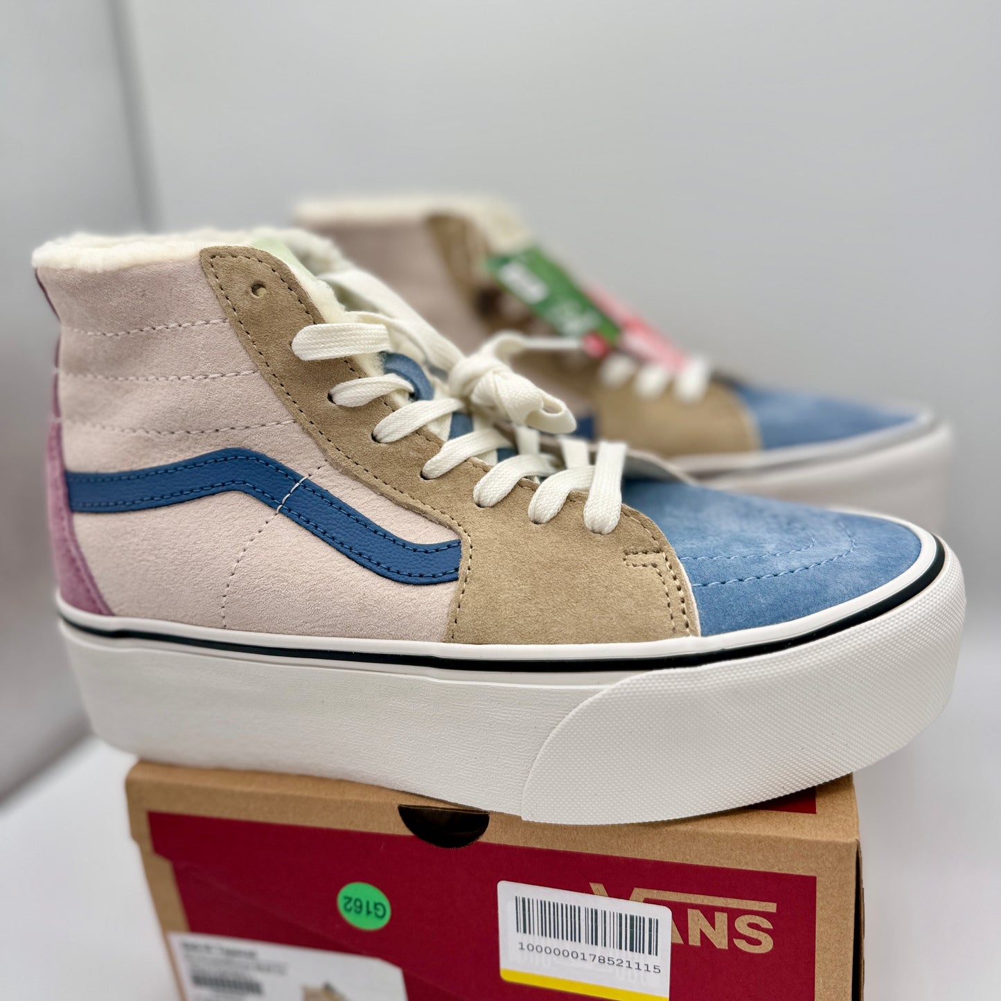 Vans Sk8 Hi Pig Suede Multi Sherpa platform sneakers pink blue tan unisex